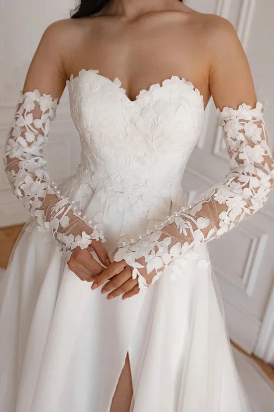 Floral Lace with Detachable Sleeves Wedding Dress Mermaid Simple Bow Princess Satin Vestido De Novia Skirt Court Train Dress Bridal Gown - Image 6