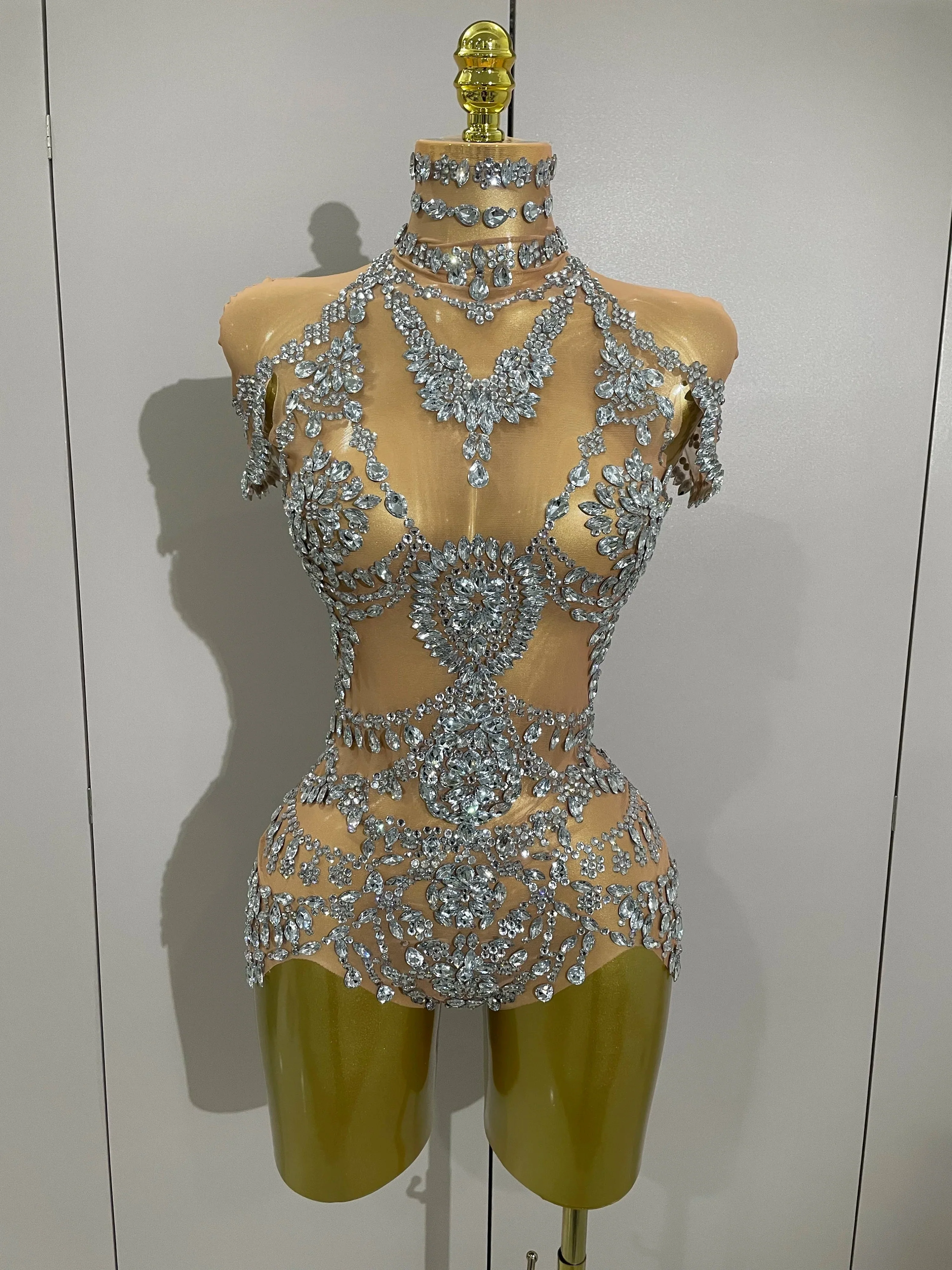 Stage Costume Luxury Rhinestones Sexy See-Through Sheath Bodysuit Evening Party Bar Nightclub Singer Dancer Performance Wear