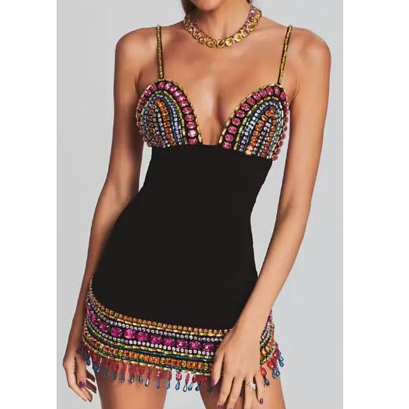 Colorful Diamonds Sexy V-Neck Spaghetti Strap Mini Bandage Dress Fashion Woman Evening Dress Holiday Vocation Vestido - Image 2