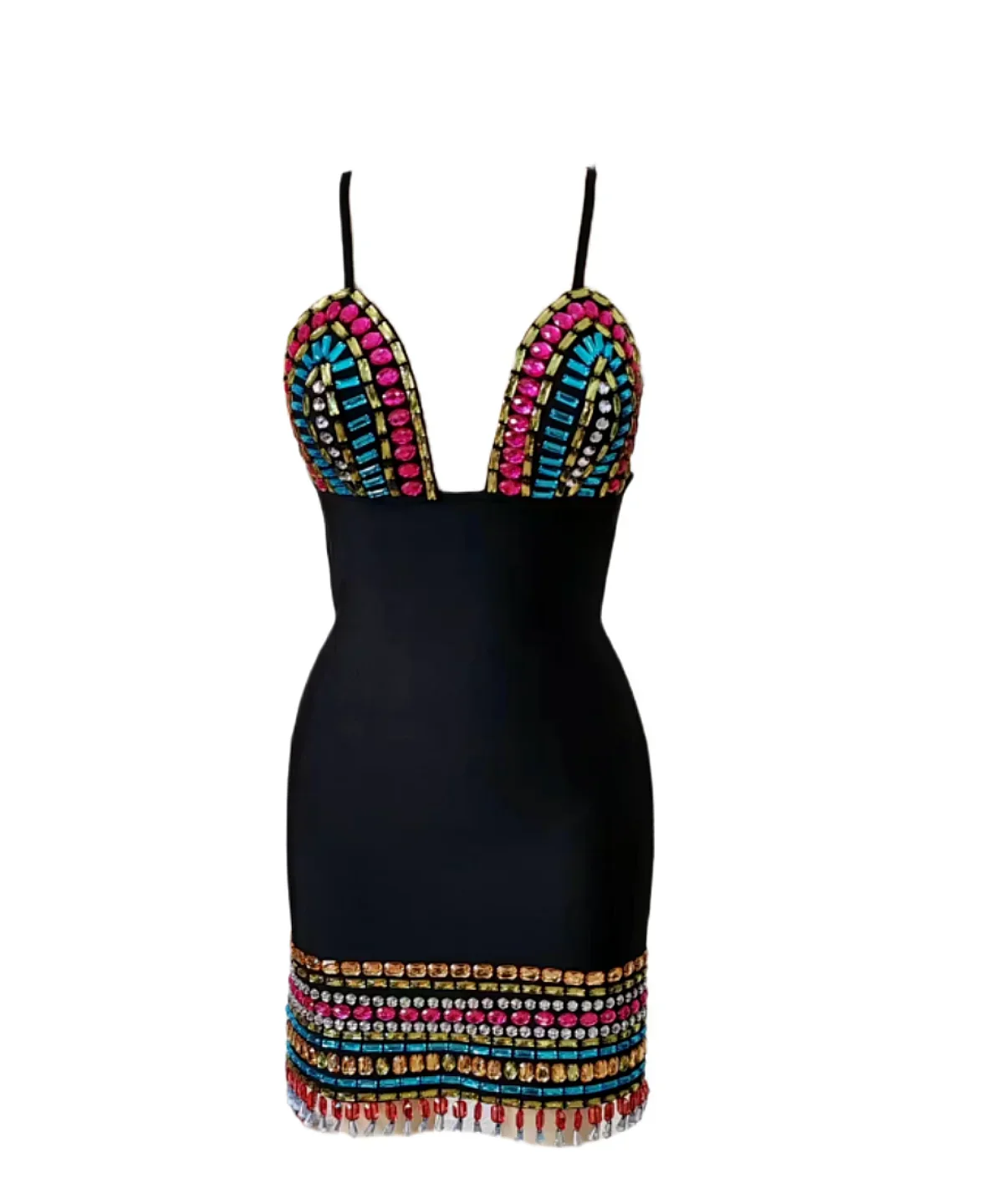 Colorful Diamonds Sexy V-Neck Spaghetti Strap Mini Bandage Dress Fashion Woman Evening Dress Holiday Vocation Vestido - Image 3
