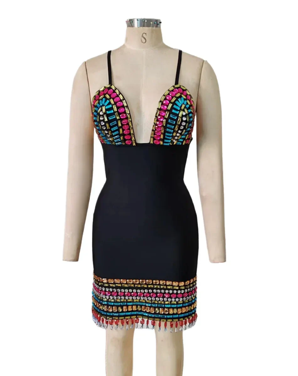 Colorful Diamonds Sexy V-Neck Spaghetti Strap Mini Bandage Dress Fashion Woman Evening Dress Holiday Vocation Vestido - Image 4