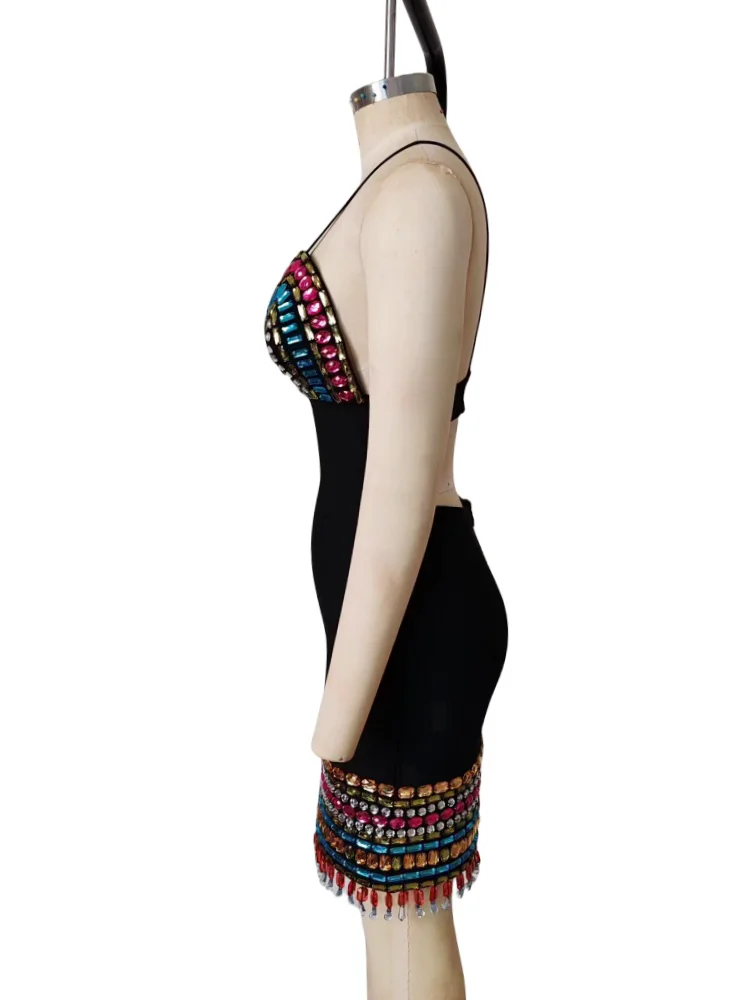 Colorful Diamonds Sexy V-Neck Spaghetti Strap Mini Bandage Dress Fashion Woman Evening Dress Holiday Vocation Vestido - Image 5