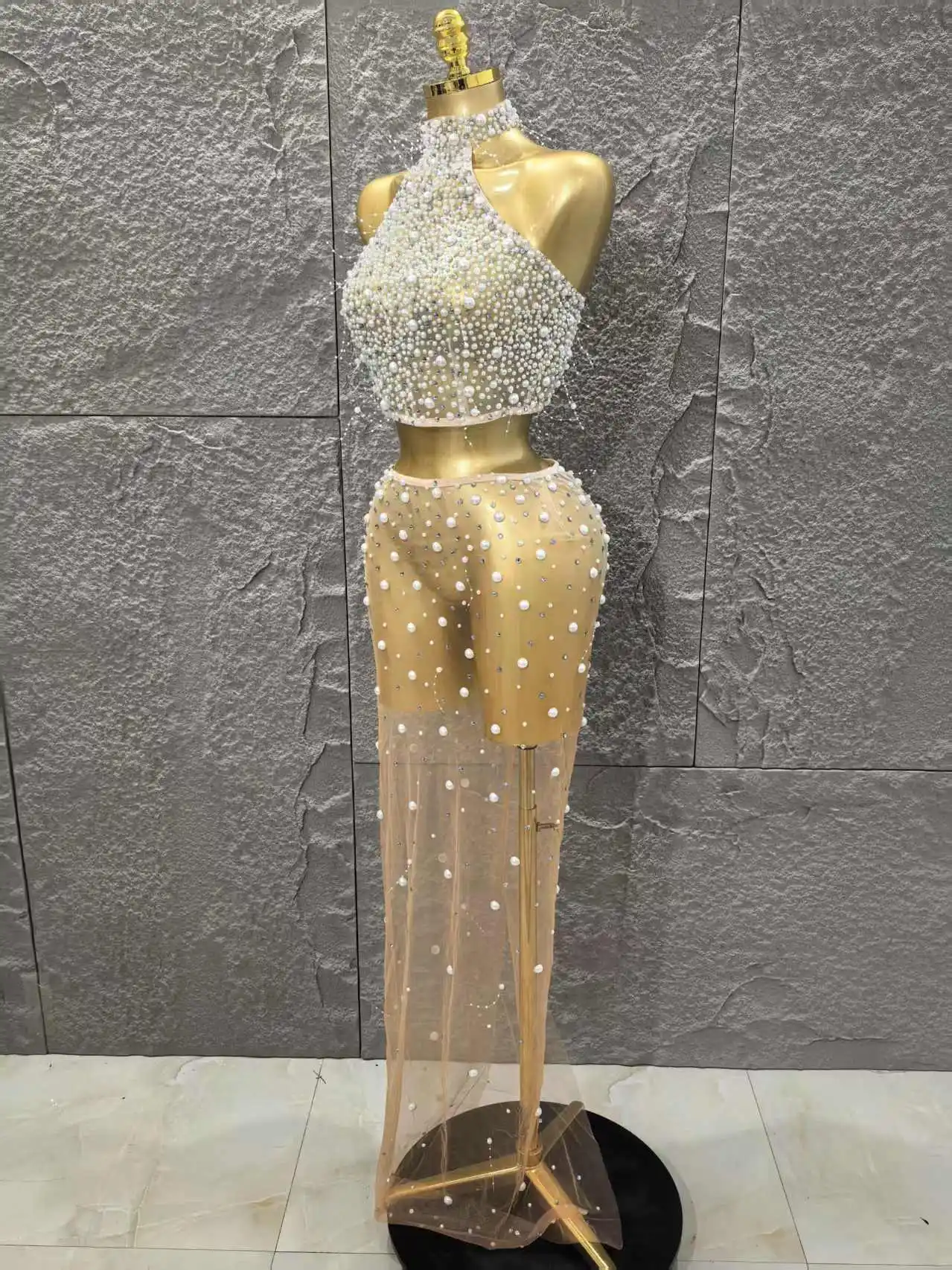 STOCK Fashion Women Sleeveless Sexy Beading Mesh See Through 2 Pieces Bodycon Dress Celebrate Nightclub Party Outfit Vestido - Image 2