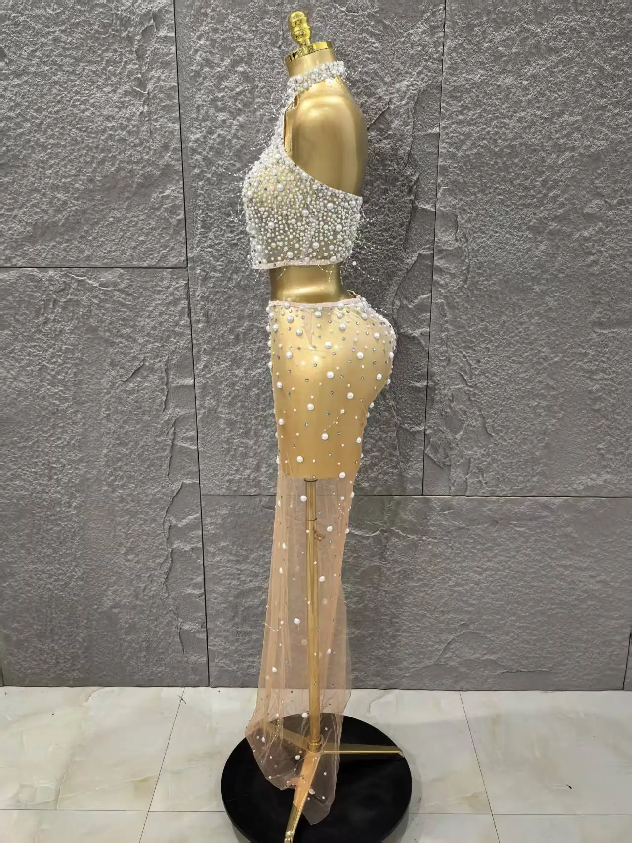 STOCK Fashion Women Sleeveless Sexy Beading Mesh See Through 2 Pieces Bodycon Dress Celebrate Nightclub Party Outfit Vestido - Image 3