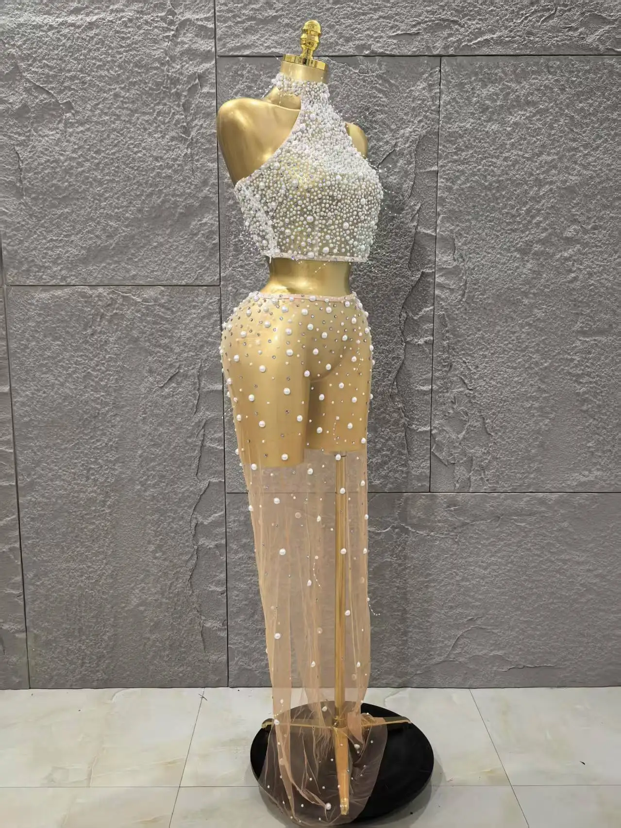 STOCK Fashion Women Sleeveless Sexy Beading Mesh See Through 2 Pieces Bodycon Dress Celebrate Nightclub Party Outfit Vestido - Image 5