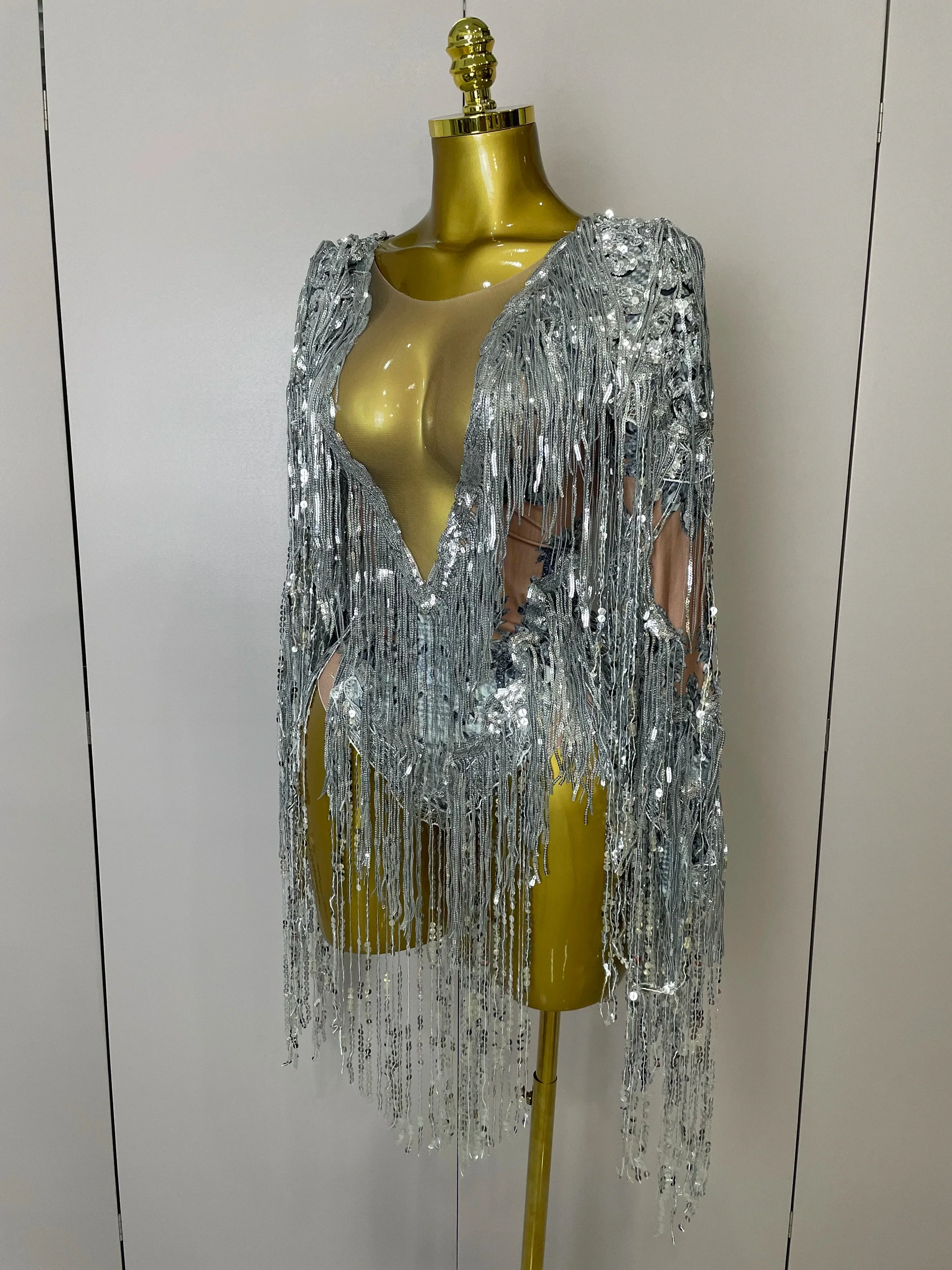 Flashing Sequins Tassels Sexy See-Through Sheath Bodysuit Evening Party Nightclub Dancer Stage Perfprmance Costume - Image 2