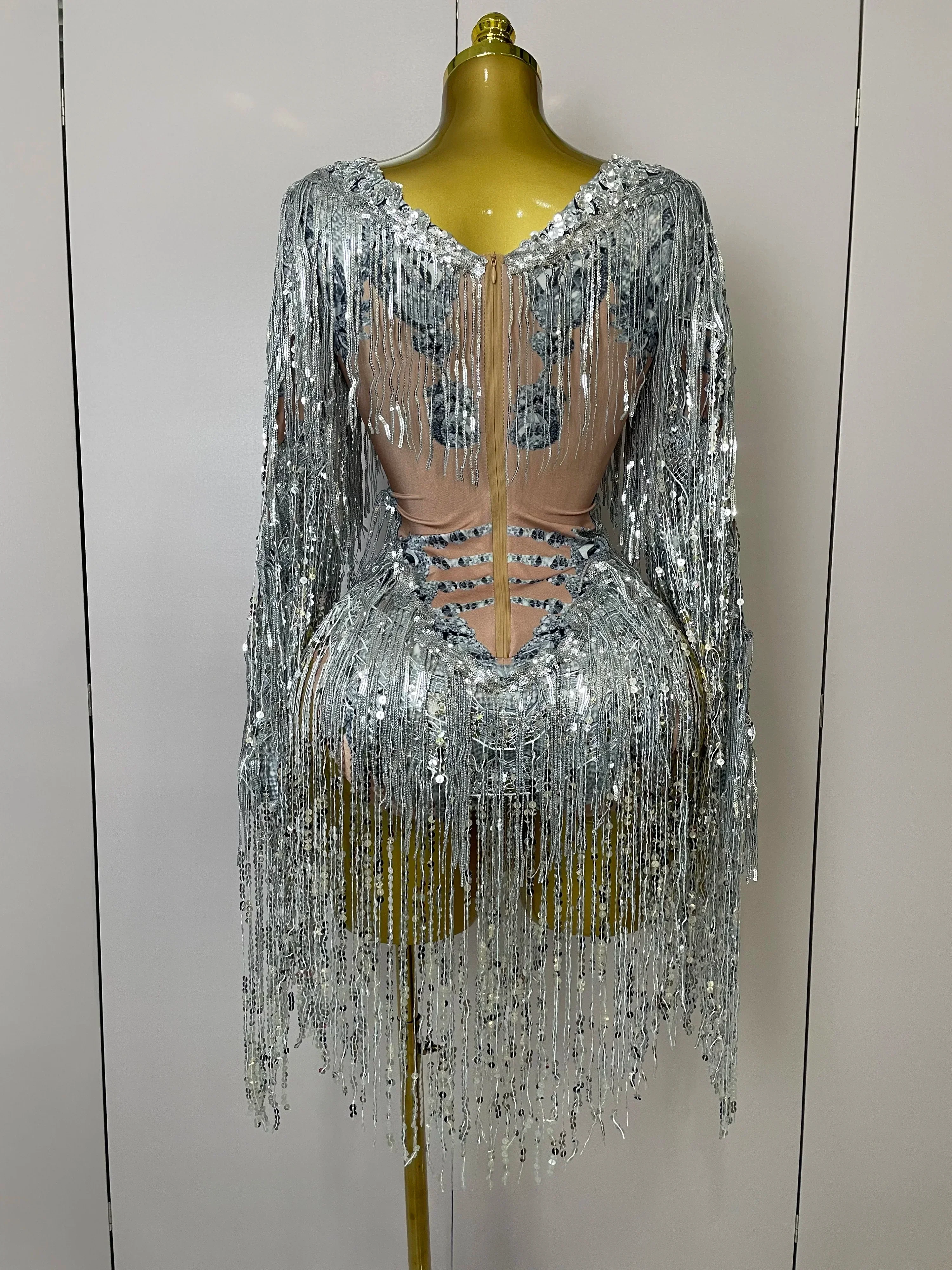 Flashing Sequins Tassels Sexy See-Through Sheath Bodysuit Evening Party Nightclub Dancer Stage Perfprmance Costume - Image 3