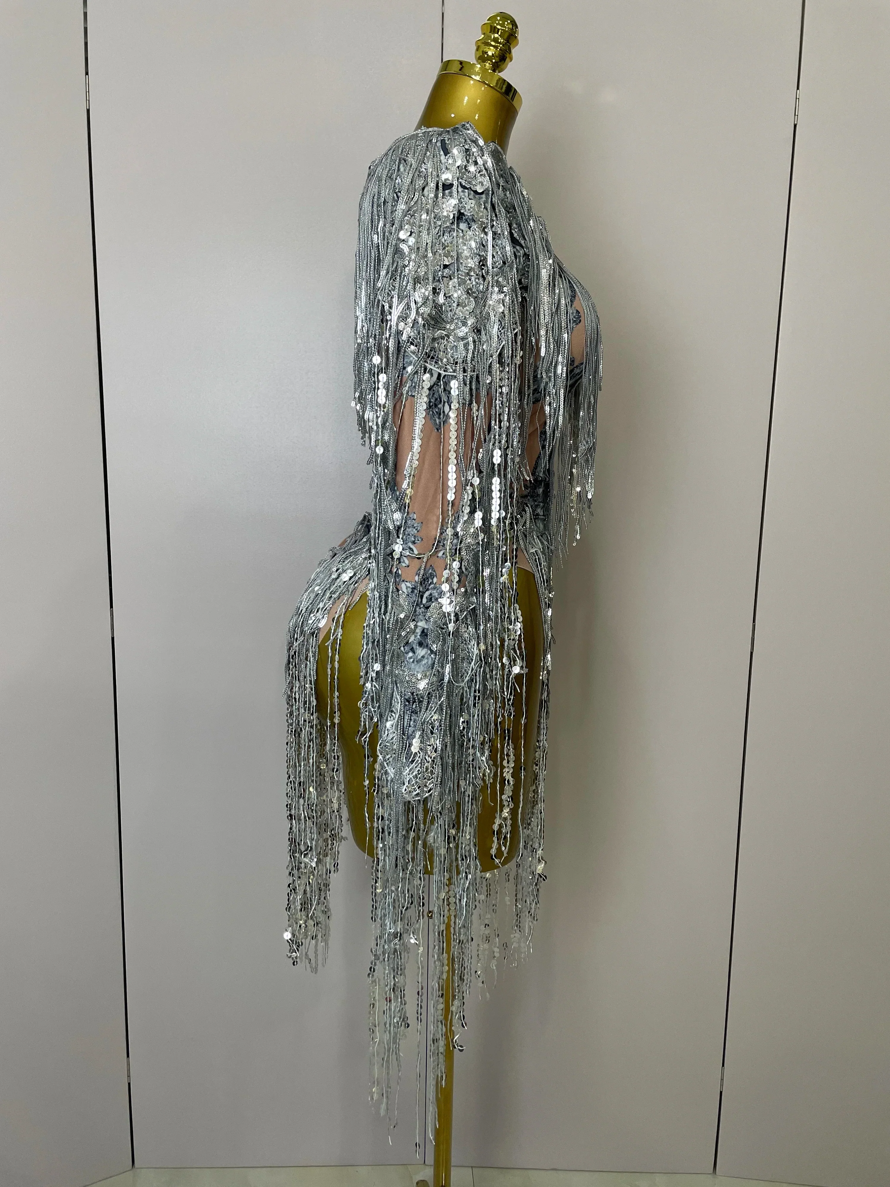 Flashing Sequins Tassels Sexy See-Through Sheath Bodysuit Evening Party Nightclub Dancer Stage Perfprmance Costume - Image 4