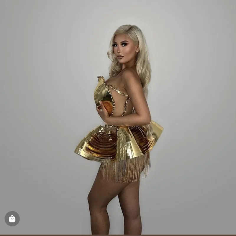 Gold Shinning Sequins Women Sexy 2 Pieces Bodycon Mini Dress Celebrate Birthday Party Performance Costume Stage Wear - Image 3