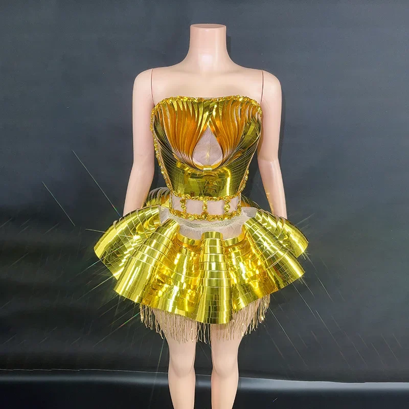 Gold Shinning Sequins Women Sexy 2 Pieces Bodycon Mini Dress Celebrate Birthday Party Performance Costume Stage Wear - Image 5