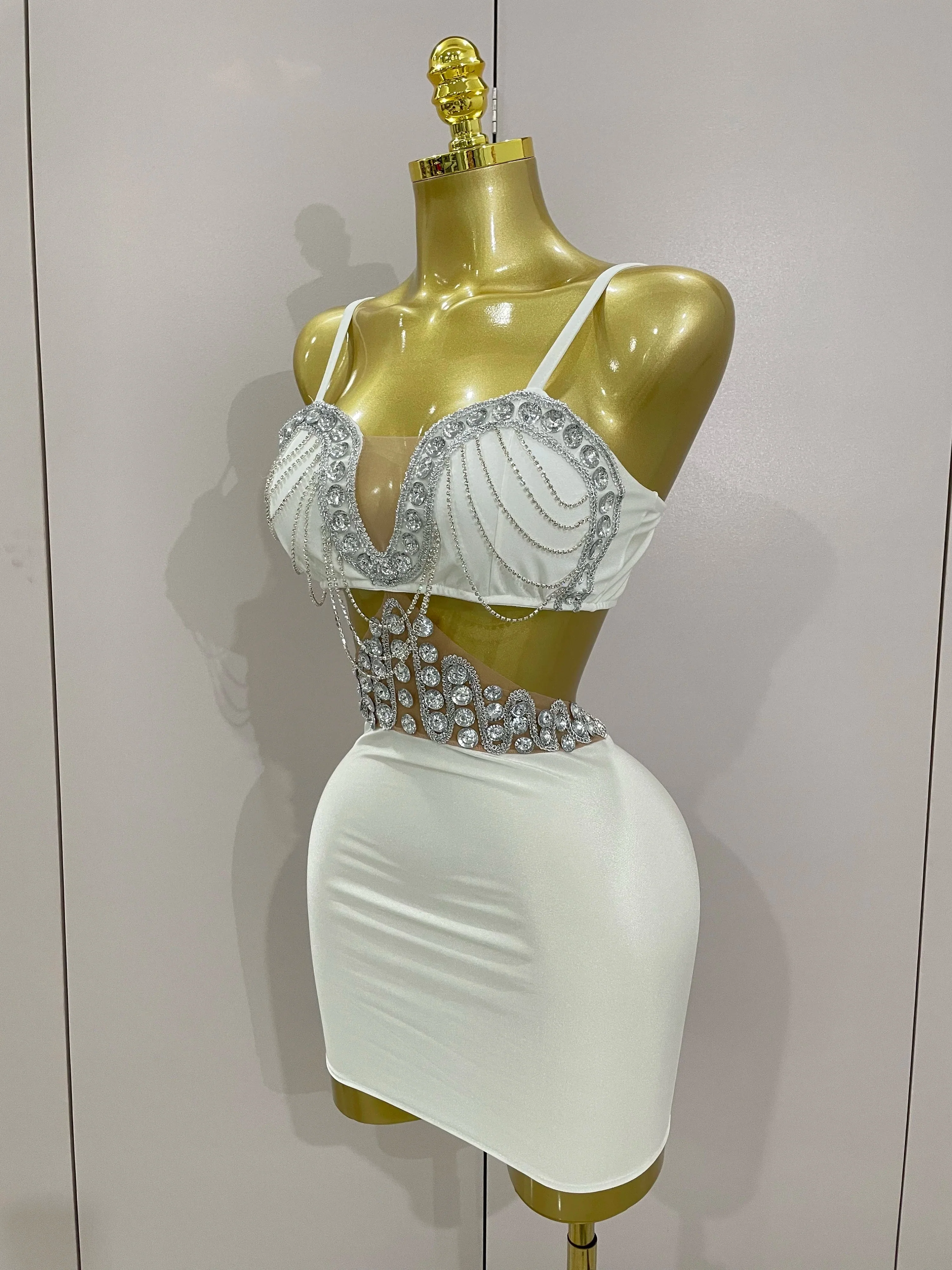 Luxury Shiny Diamond Chain White Sexy Sleeveless Bodycon Mini Dress Evening Birthday Party Nightclub Stage Costume - Image 2