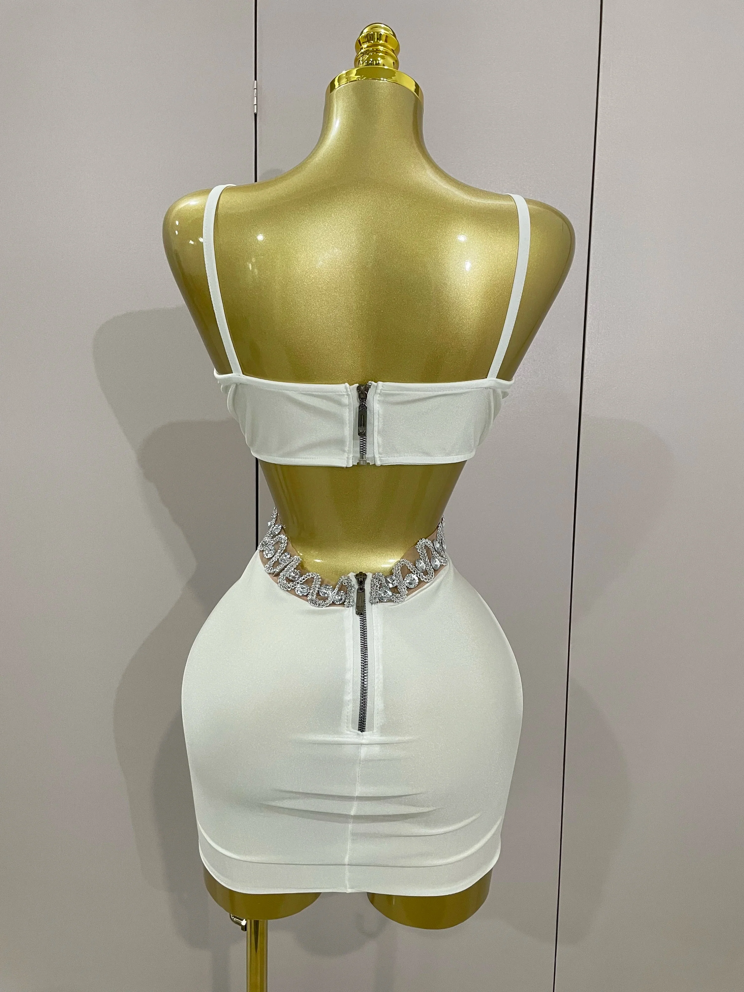 Luxury Shiny Diamond Chain White Sexy Sleeveless Bodycon Mini Dress Evening Birthday Party Nightclub Stage Costume - Image 3