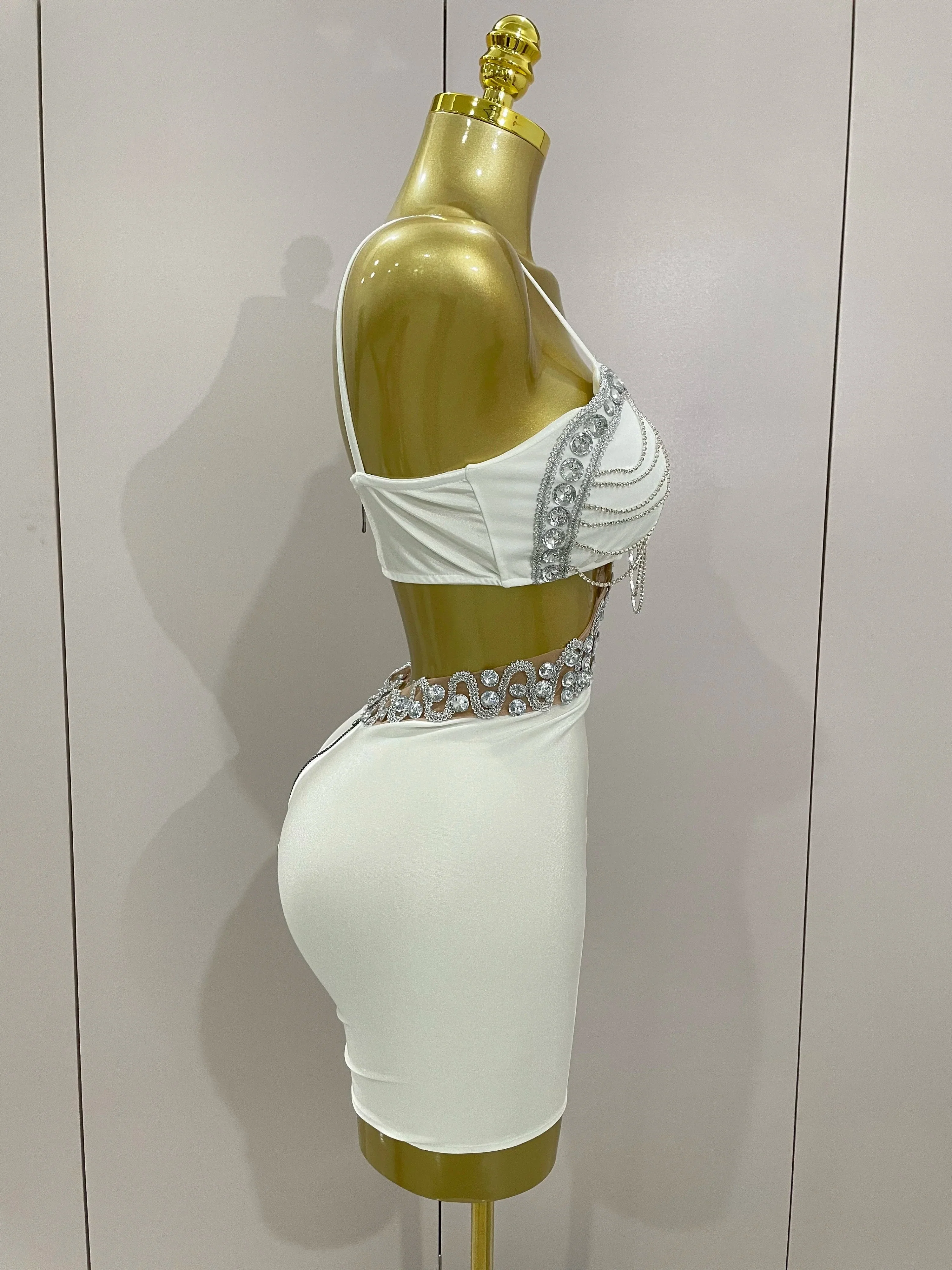 Luxury Shiny Diamond Chain White Sexy Sleeveless Bodycon Mini Dress Evening Birthday Party Nightclub Stage Costume - Image 4
