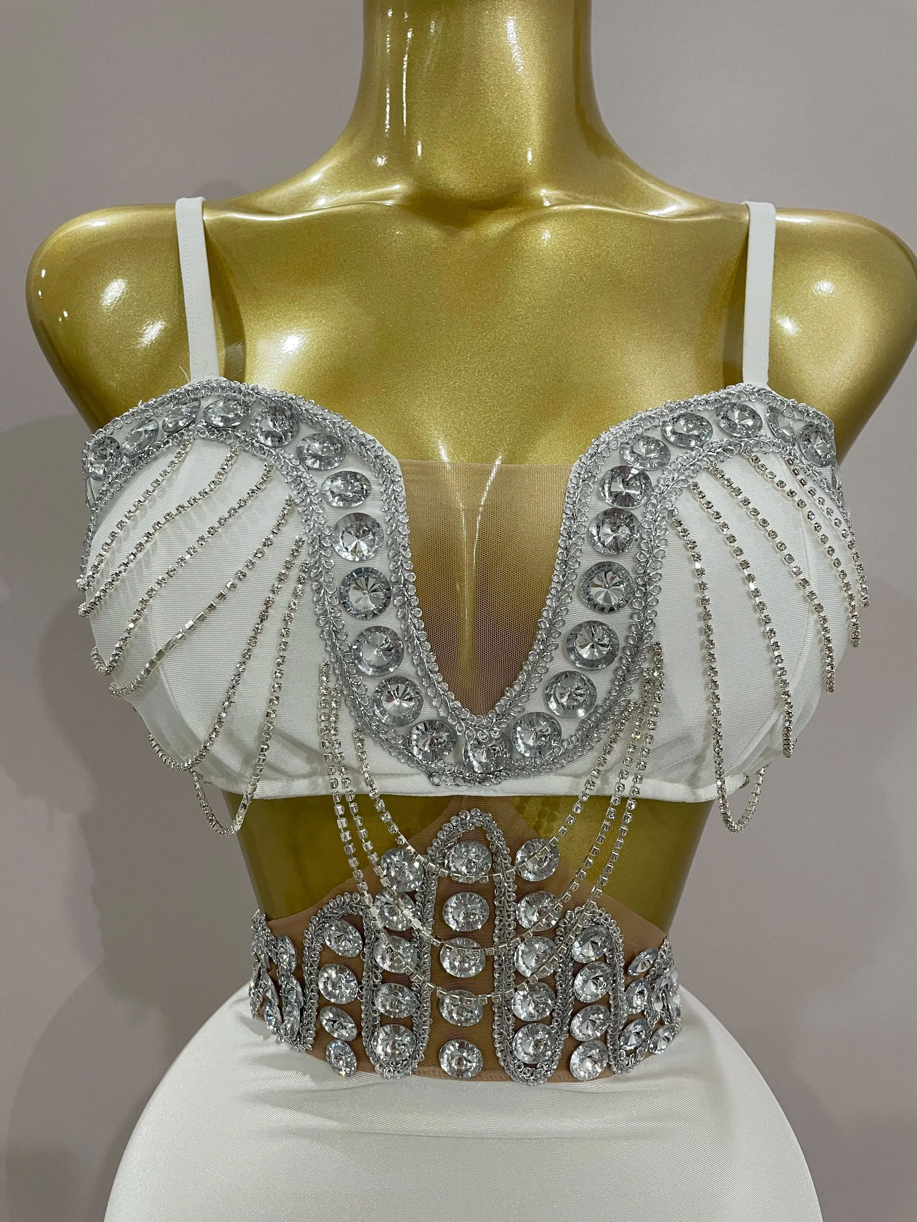 Luxury Shiny Diamond Chain White Sexy Sleeveless Bodycon Mini Dress Evening Birthday Party Nightclub Stage Costume - Image 5