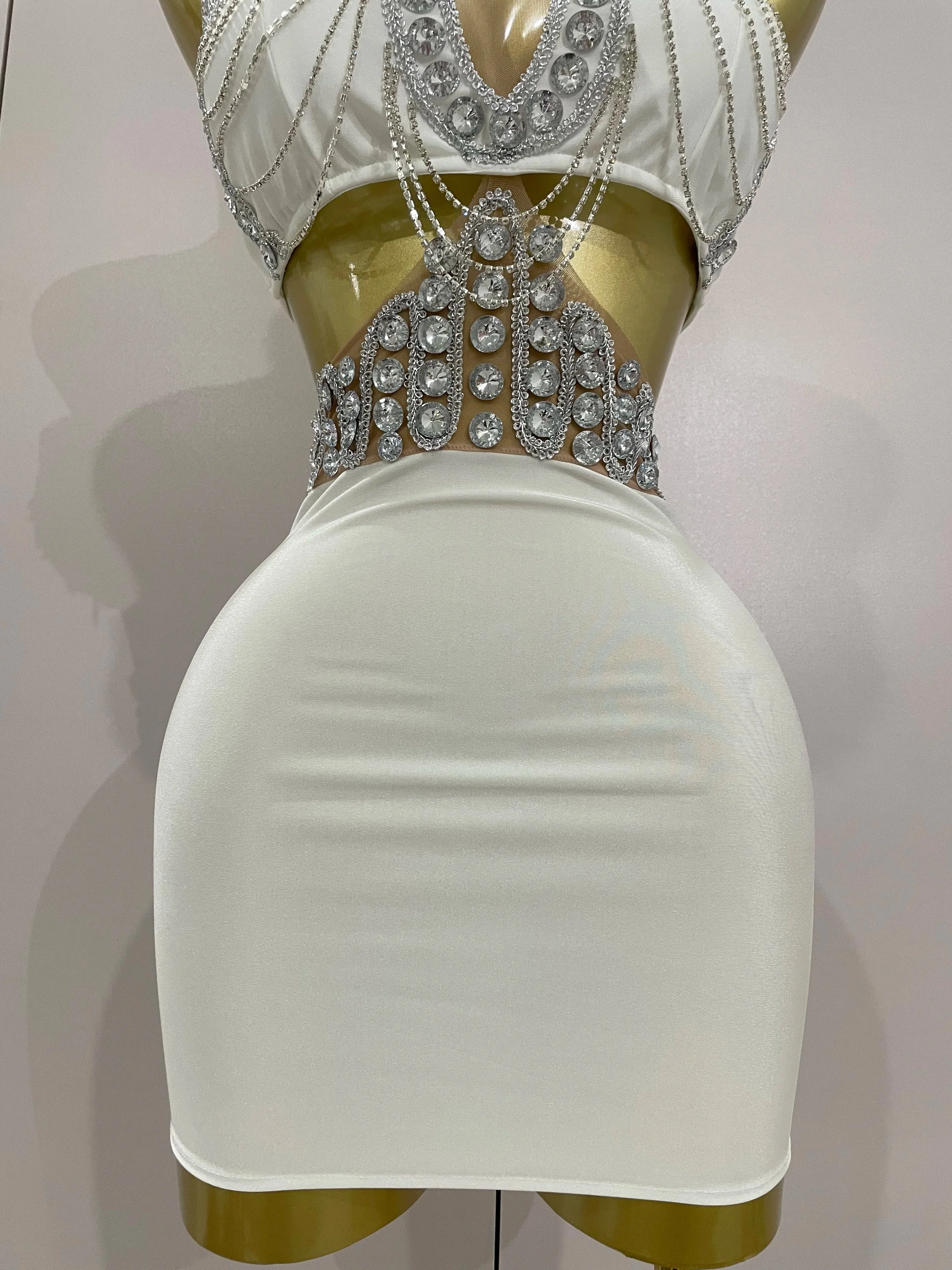 Luxury Shiny Diamond Chain White Sexy Sleeveless Bodycon Mini Dress Evening Birthday Party Nightclub Stage Costume - Image 6