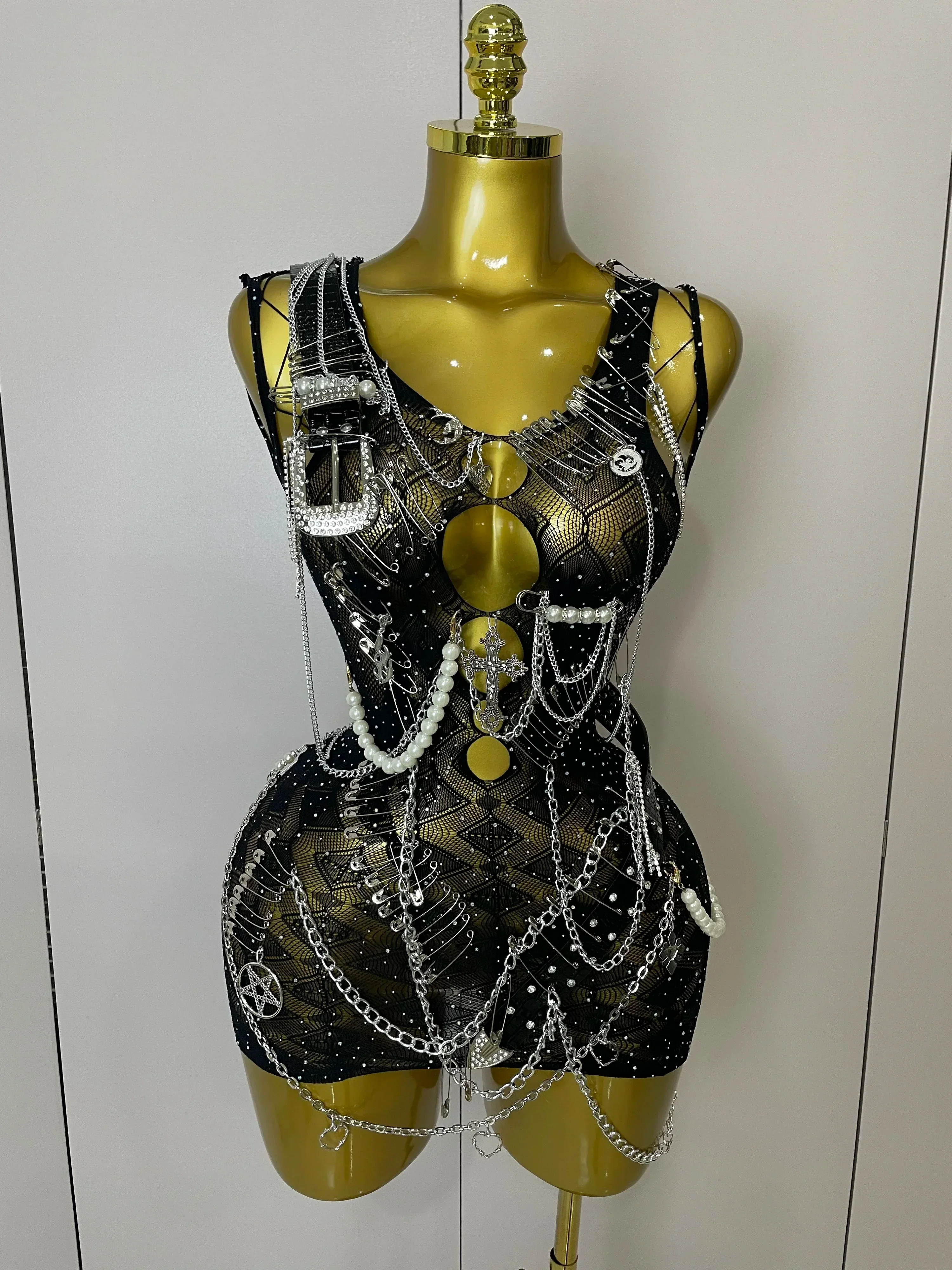 Sexy Fashion Pin Decoration Fringe Beading Short Party Dress  Women Hollow Out Nightclub Performance Singer Costume