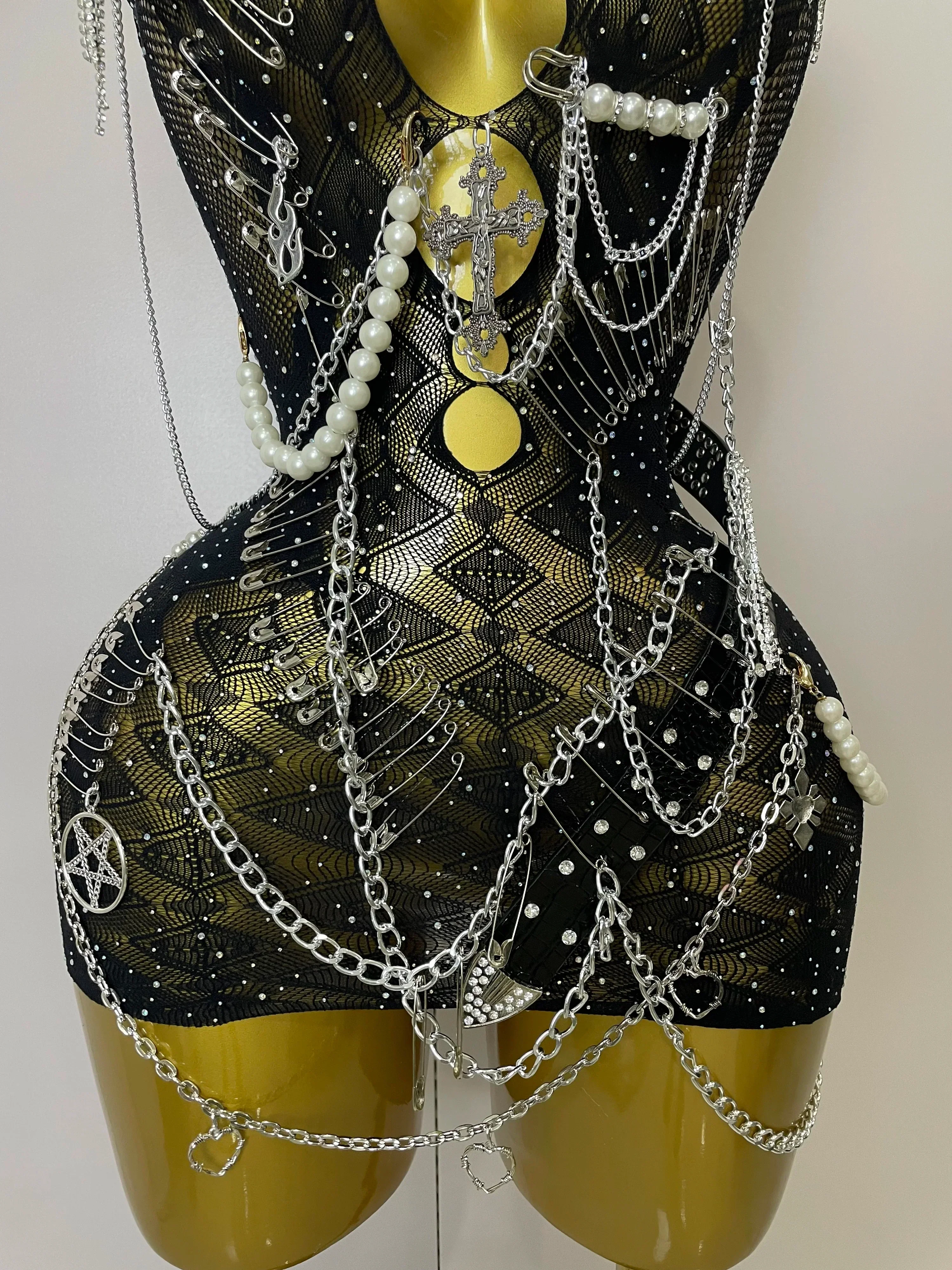 Sexy Fashion Pin Decoration Fringe Beading Short Party Dress  Women Hollow Out Nightclub Performance Singer Costume - Image 6