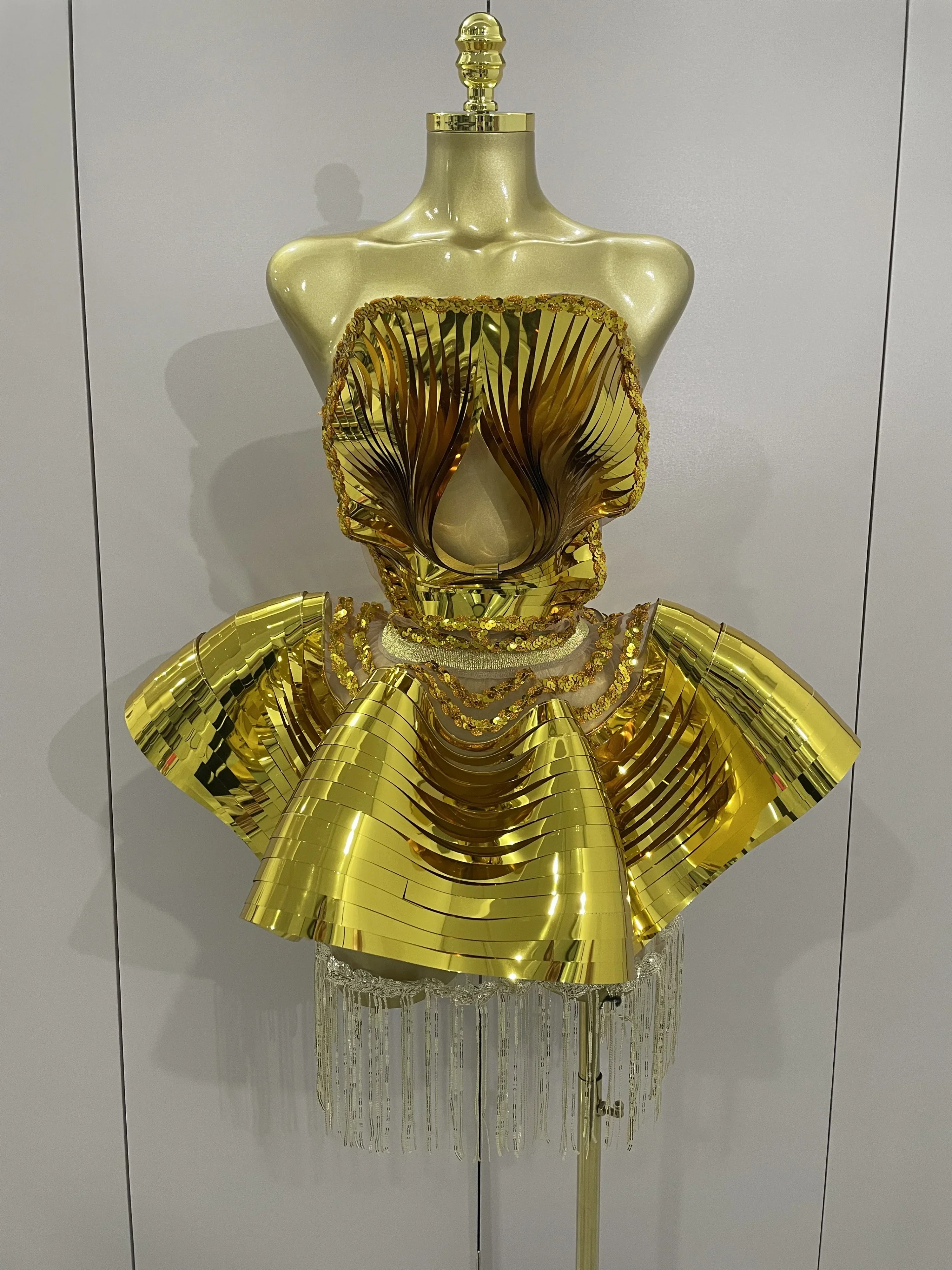Shiny Gold Mirrors Sexy 2 Pieces Mini Dress Women Celebrate Birthday Party Performance Stage Costume Festival Wear