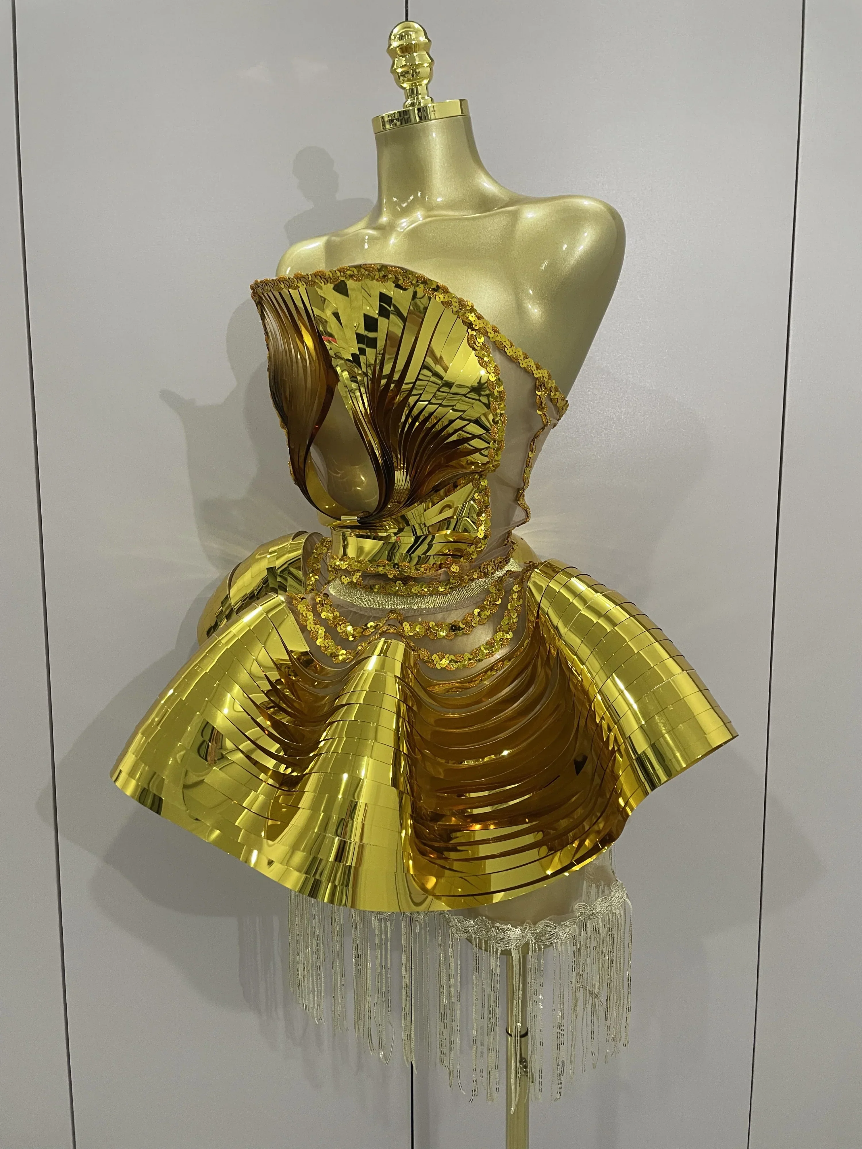 Shiny Gold Mirrors Sexy 2 Pieces Mini Dress Women Celebrate Birthday Party Performance Stage Costume Festival Wear - Image 2
