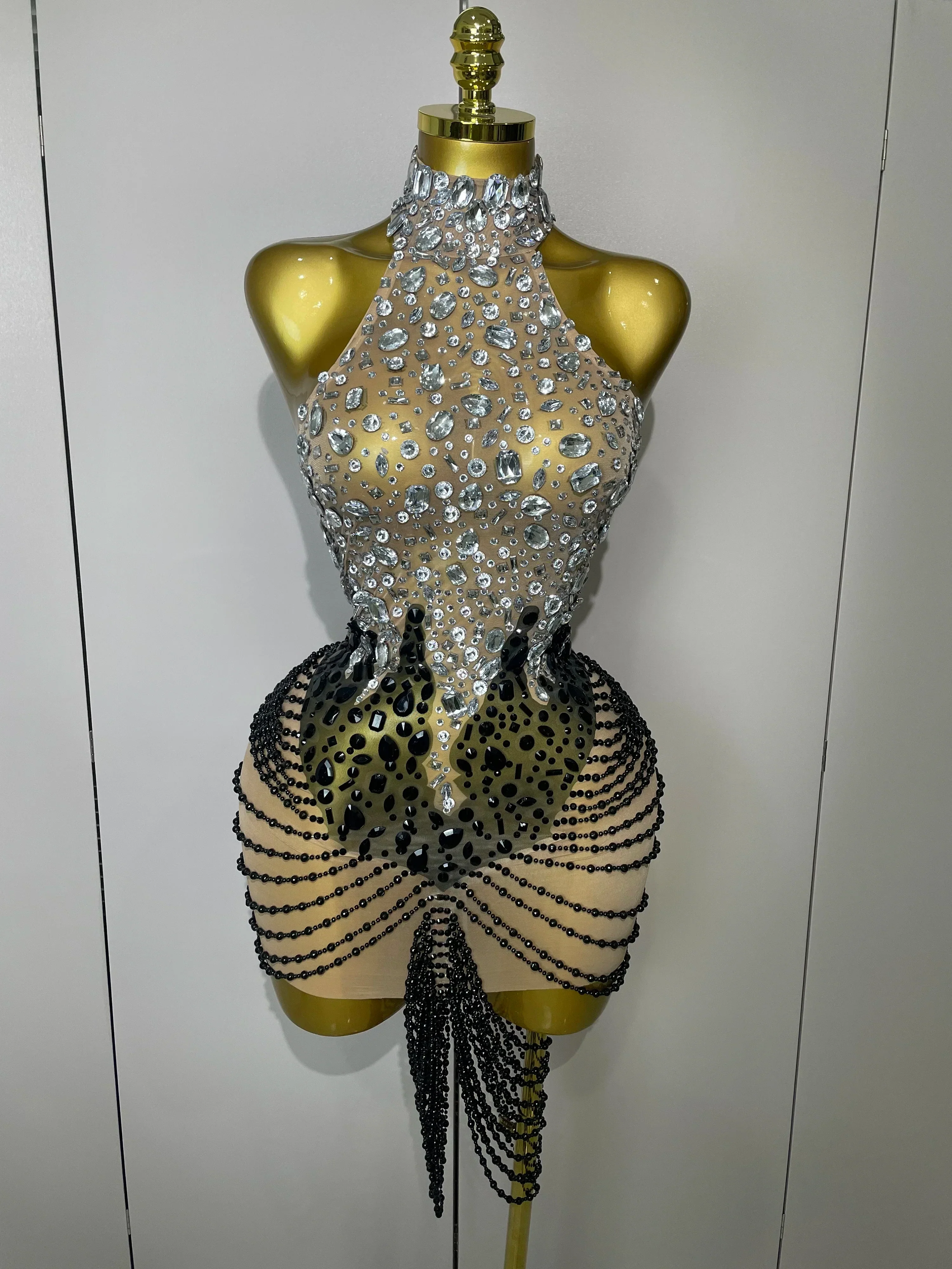 Sparkly Crystals Beading Short Dress  Women Sexy Mesh Backless Evening Prom Celebrate Birthday Dress Photo Shoot Wear