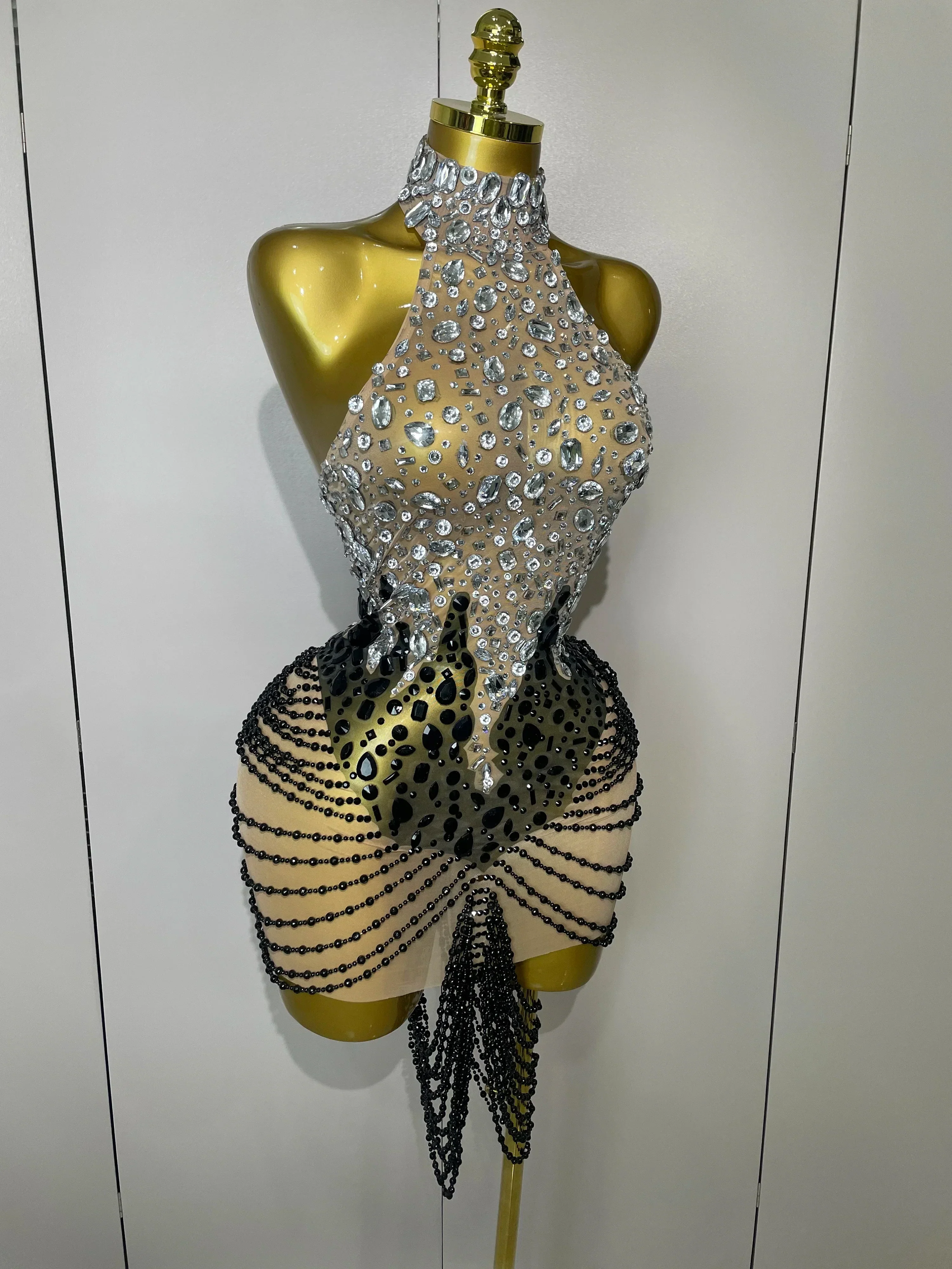 Sparkly Crystals Beading Short Dress  Women Sexy Mesh Backless Evening Prom Celebrate Birthday Dress Photo Shoot Wear - Image 4