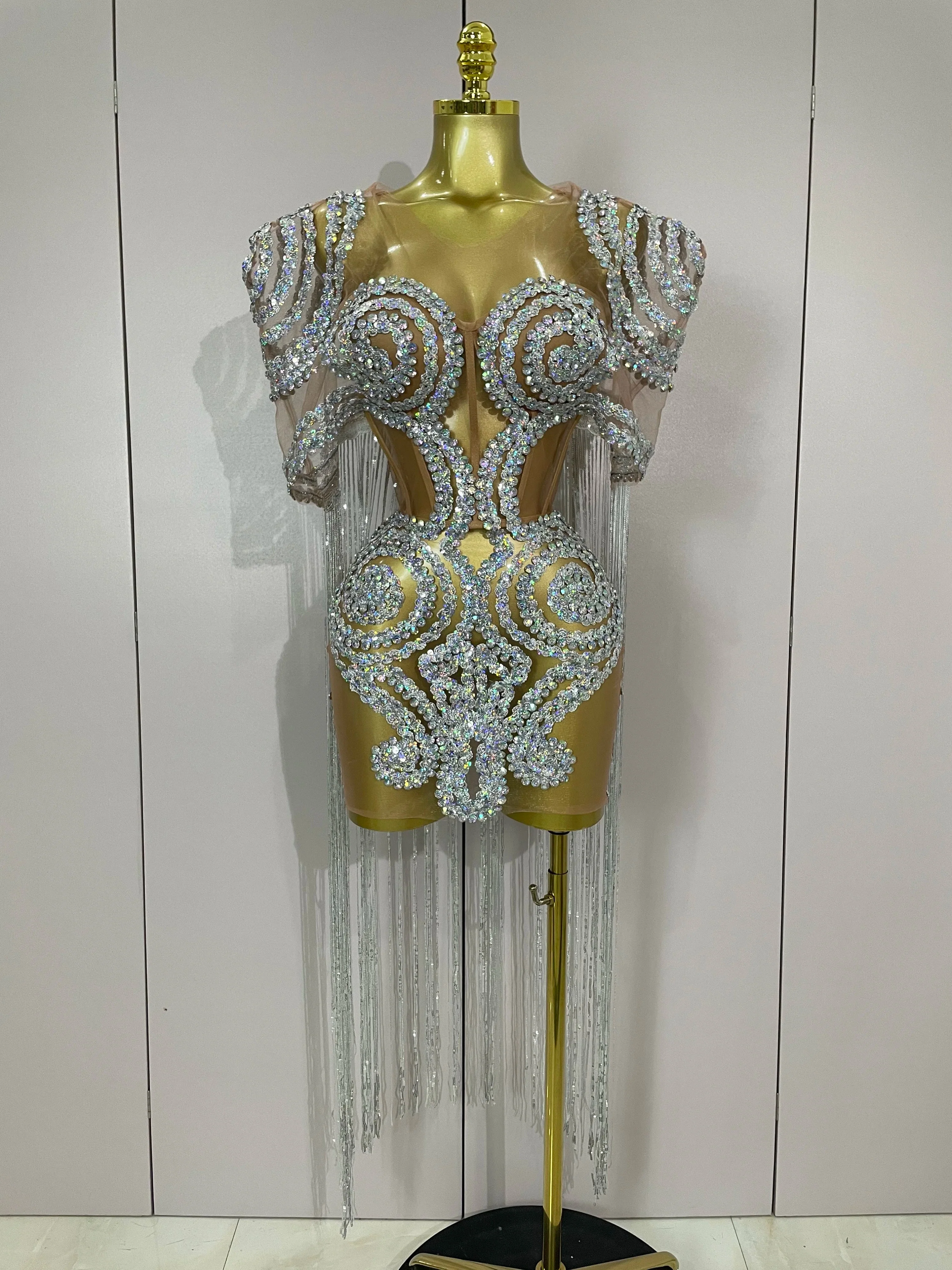 Sparkly Rhinestones Sequins Sexy Mesh Tassels Cape Short Dress  Women Evening Birthday Party Nightclub Stage Costume