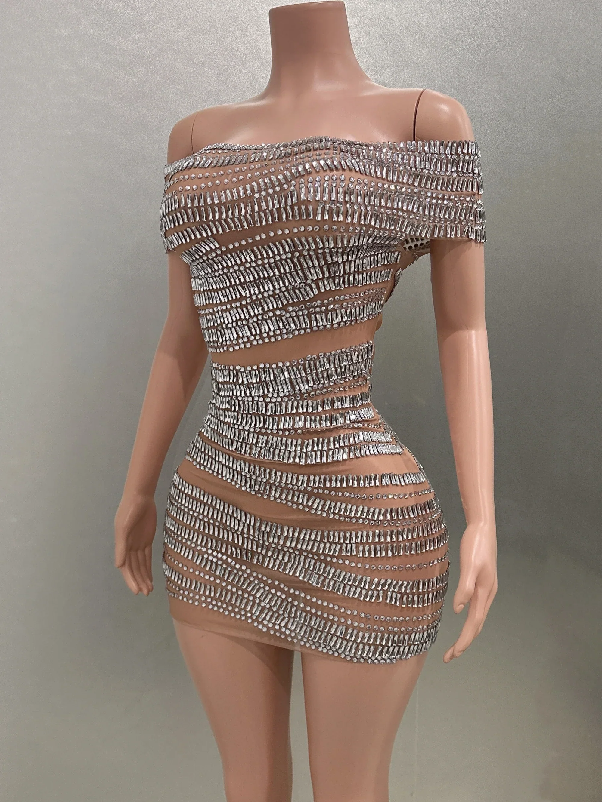 Sparkly Rhinestones Women Sexy Mesh Slash Neck Bodycon Mini Dress Celebrate Birthday Party Photo Shoot Dress Stage Wear - Image 3