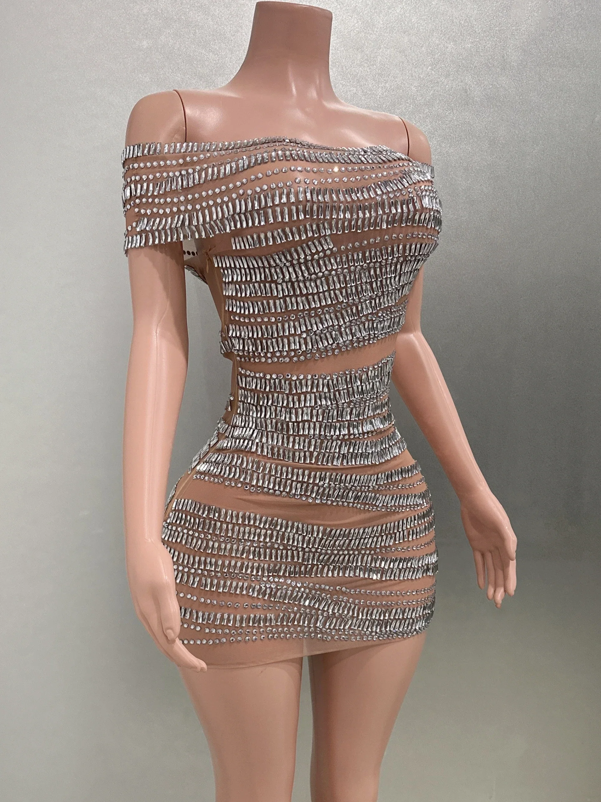 Sparkly Rhinestones Women Sexy Mesh Slash Neck Bodycon Mini Dress Celebrate Birthday Party Photo Shoot Dress Stage Wear - Image 4