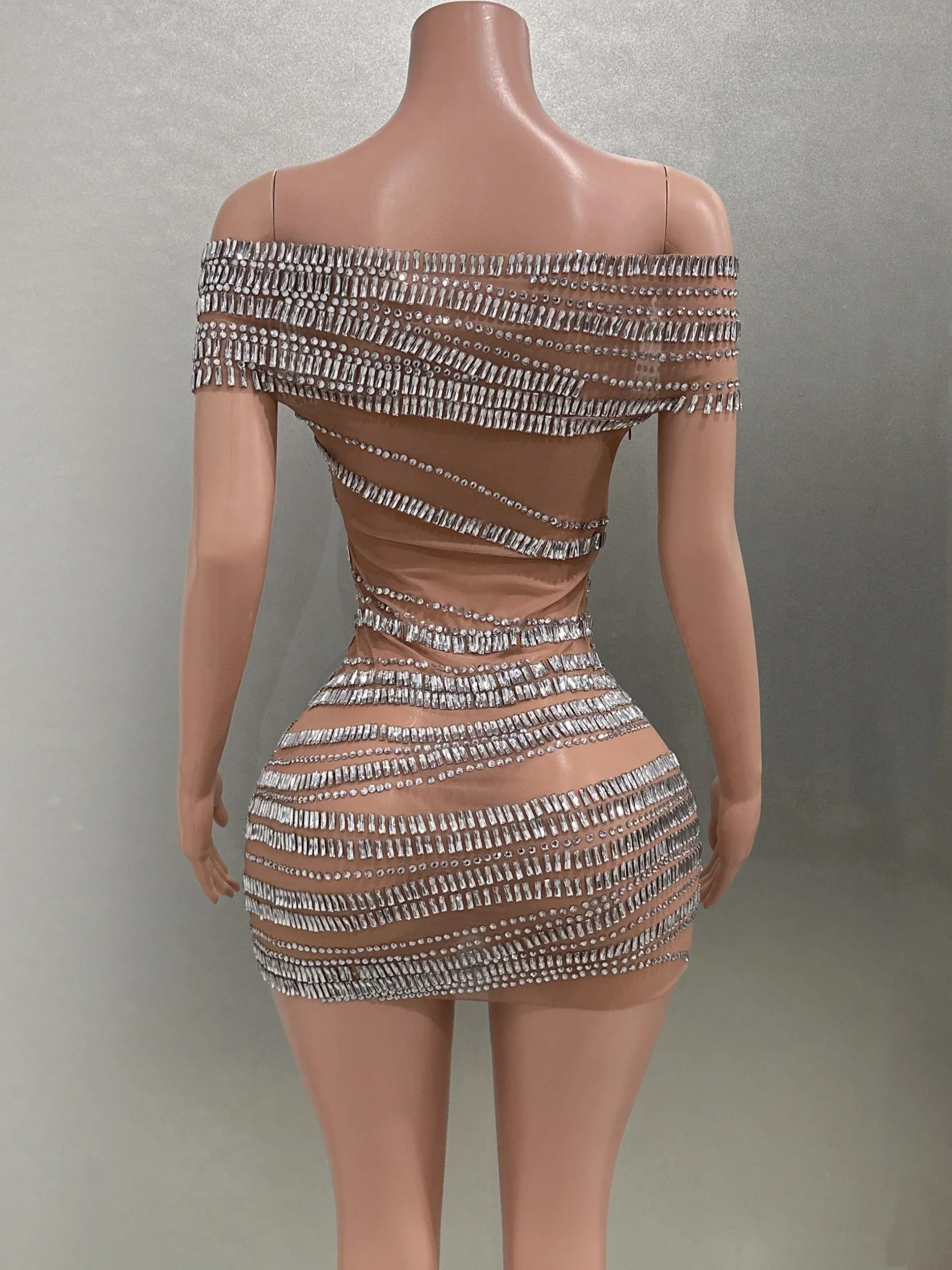 Sparkly Rhinestones Women Sexy Mesh Slash Neck Bodycon Mini Dress Celebrate Birthday Party Photo Shoot Dress Stage Wear - Image 5