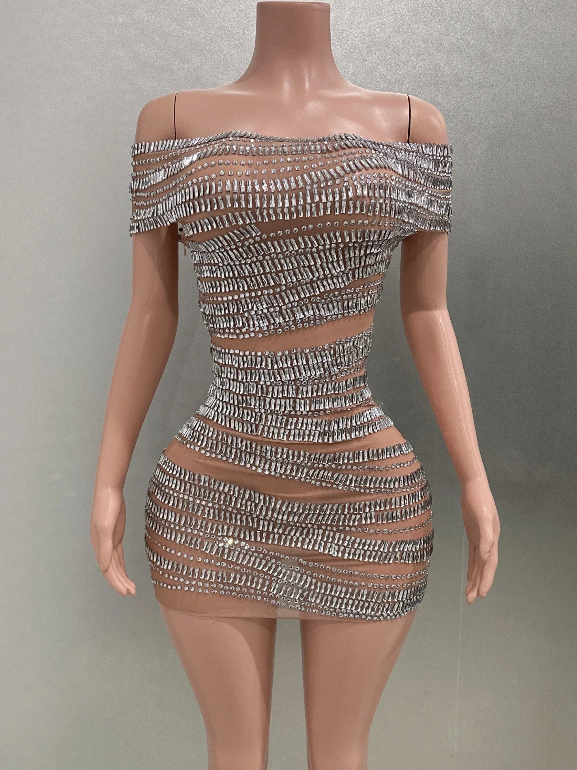 Sparkly Rhinestones Women Sexy Mesh Slash Neck Bodycon Mini Dress Celebrate Birthday Party Photo Shoot Dress Stage Wear - Image 6