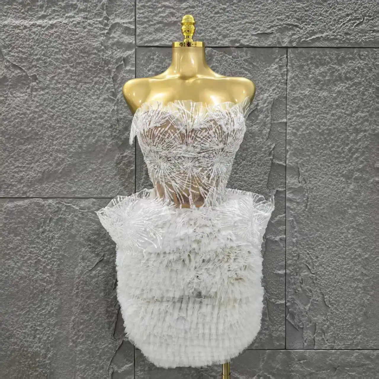 STOCK White Color Women Sexy Strapless 2 Pieces Ball Gown Mini Dress Celebrate Cute Birthday Party Photo Shoot Outfit Vestido