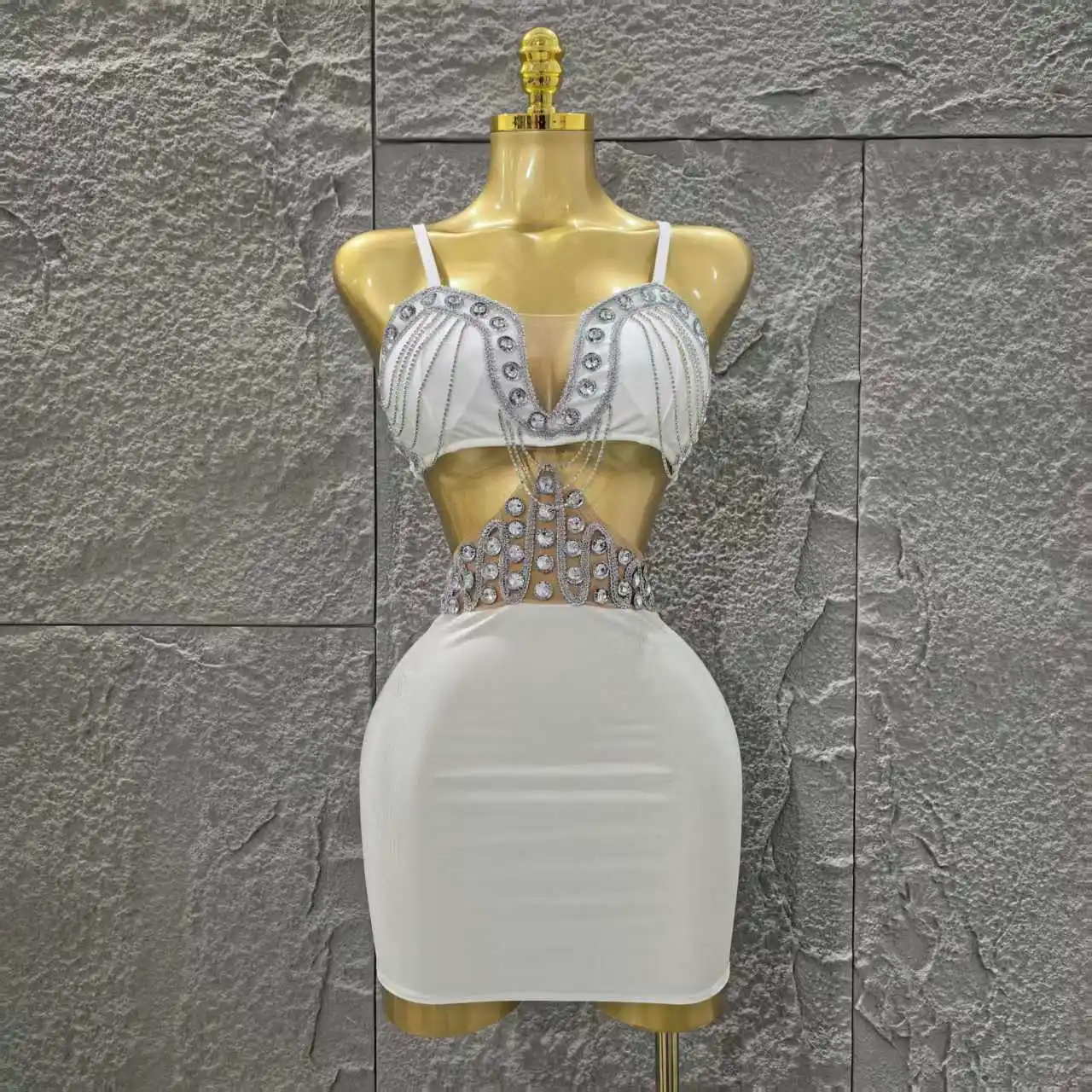White Color Women Sleeveless Sexy Shinning Diamond Bodycon Mini Dress Birthday Party Celebrate Nightclub Outfit Vestido
