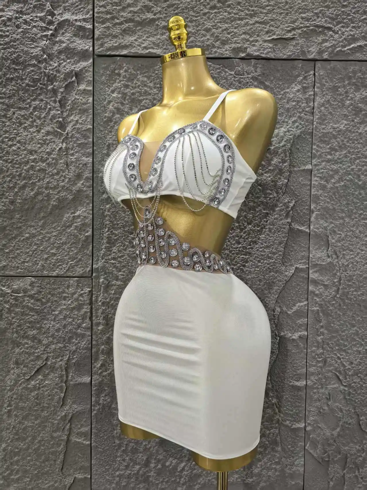 White Color Women Sleeveless Sexy Shinning Diamond Bodycon Mini Dress Birthday Party Celebrate Nightclub Outfit Vestido - Image 2