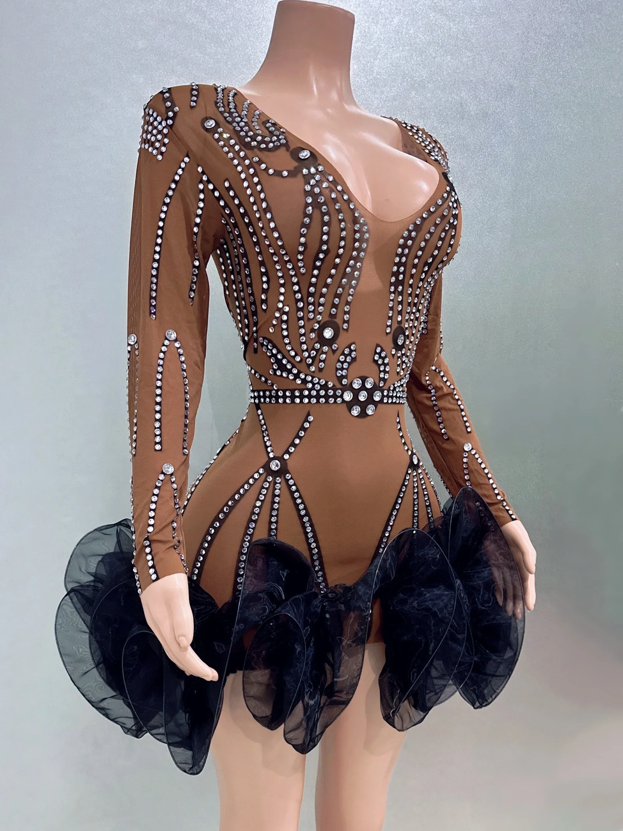STOCK Women Long Sleeve Sexy Mesh Bodycon Ball Gown Mini Dress Bar Singer Nightclub Party Celebrate Performance Costume Wear - Image 2