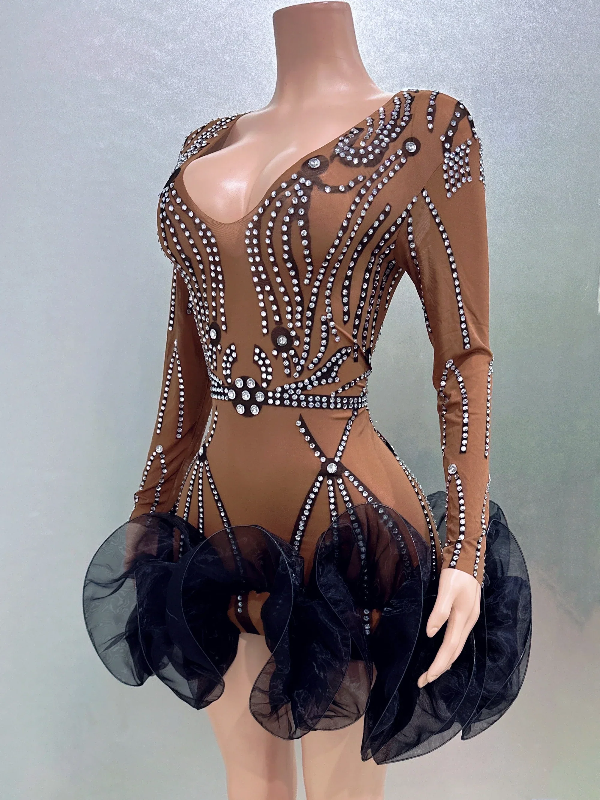 STOCK Women Long Sleeve Sexy Mesh Bodycon Ball Gown Mini Dress Bar Singer Nightclub Party Celebrate Performance Costume Wear - Image 5