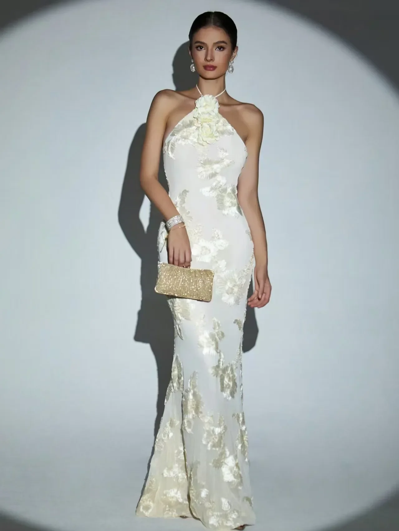 Women Sexy Halter Off the Shoulder Embroidery Bodycon Long Dress Elegant Evening Party Birthday Cocktail Outfit