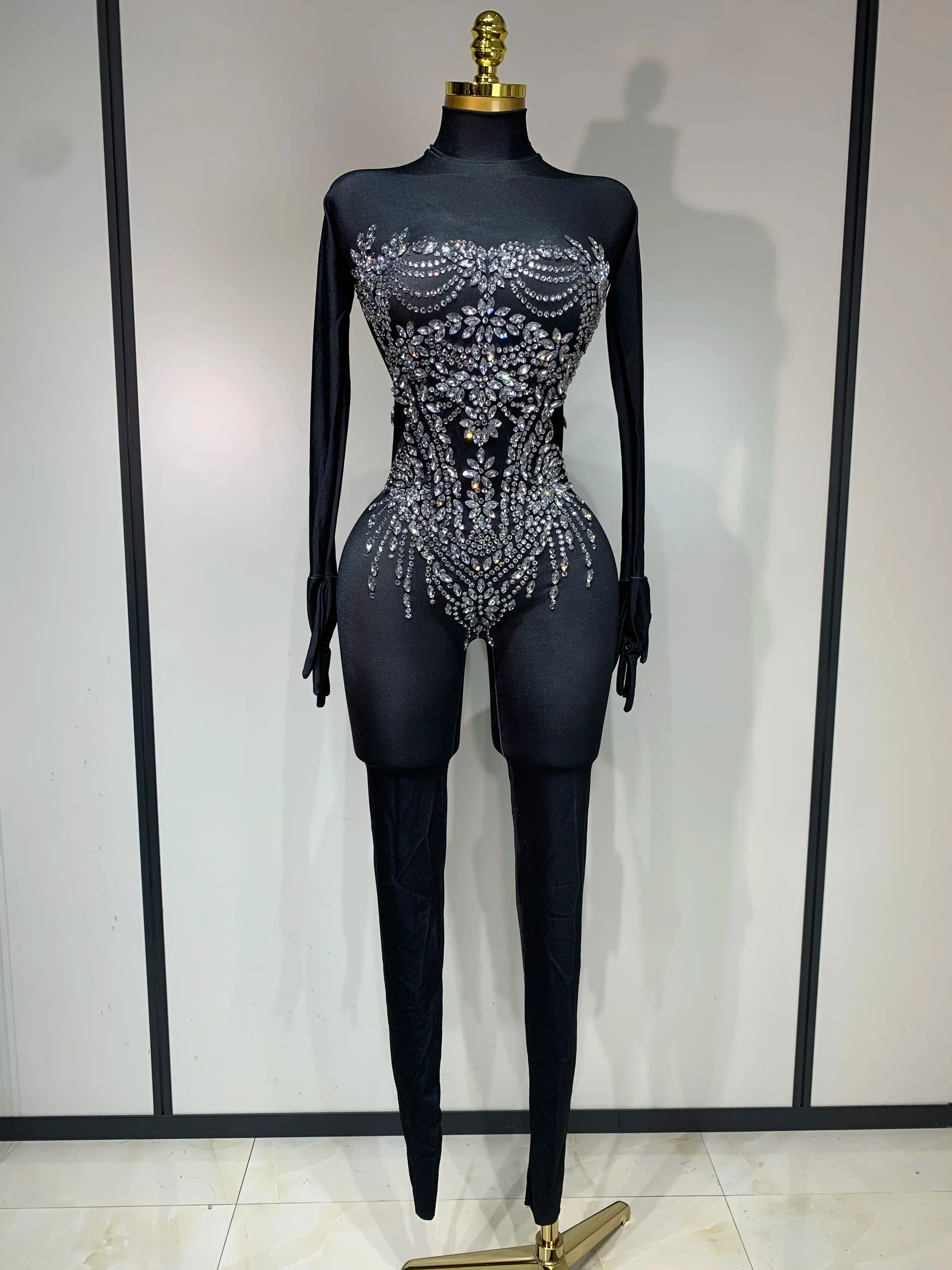 Stock Women Sexy Nightclub Evening Party Drag Queen Singer Dancer Stage Performance Costume Luxury Rhinestone Stretch Jumpsuit - Image 7