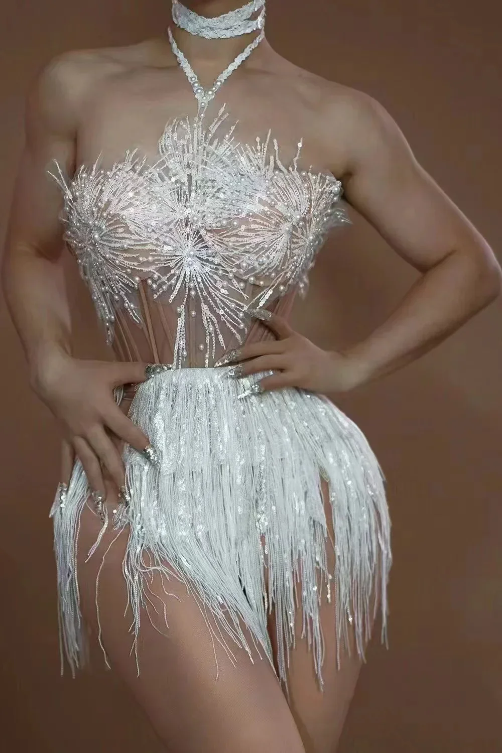 STOCK Women Sexy Off the Shoulder Shinning Sequins Tassels Bodycon Mini Dress 2 Pieces Celebrate Nightclub Performance Costume - Image 3