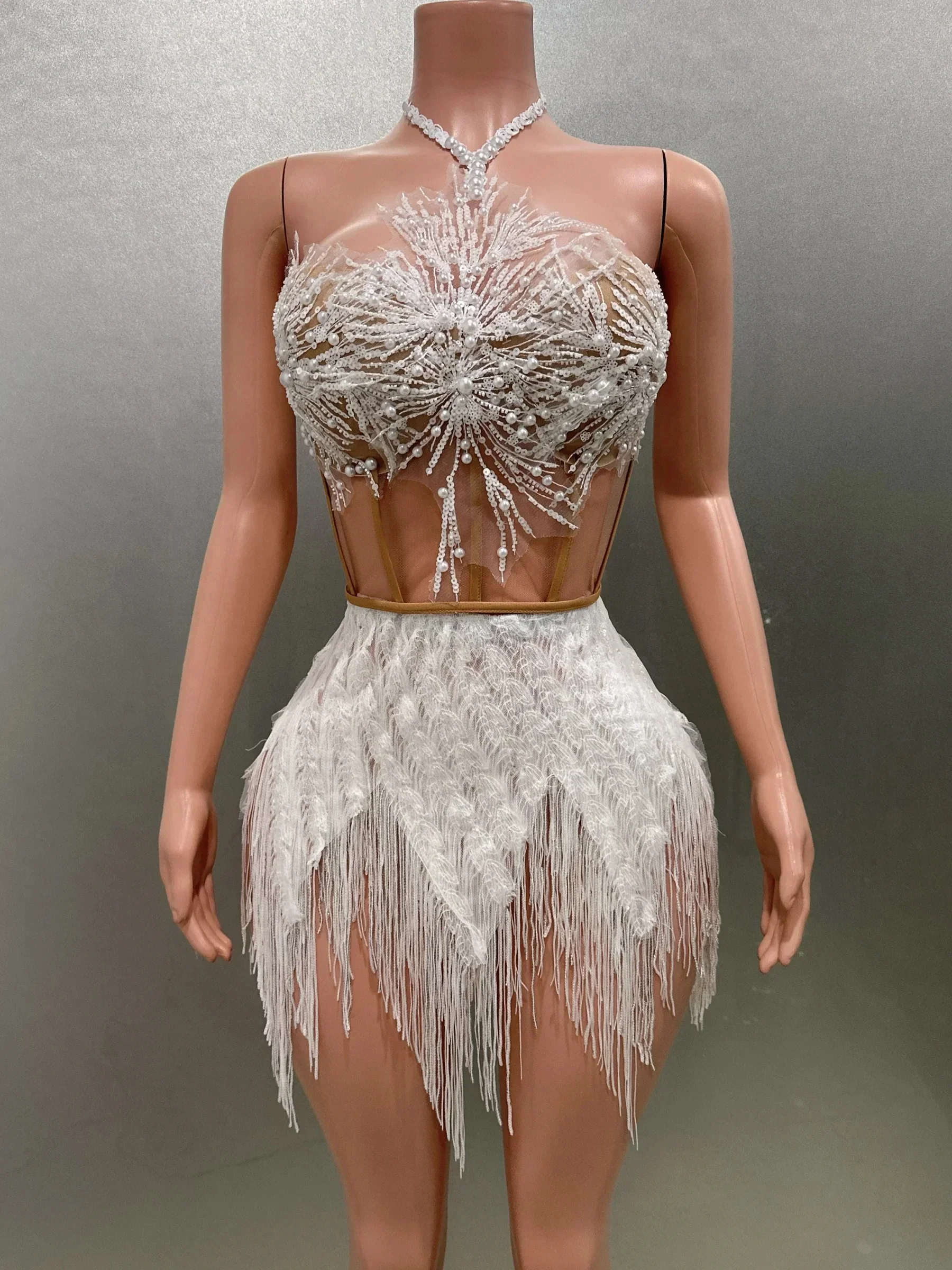 STOCK Women Sexy Off the Shoulder Shinning Sequins Tassels Bodycon Mini Dress 2 Pieces Celebrate Nightclub Performance Costume - Image 4