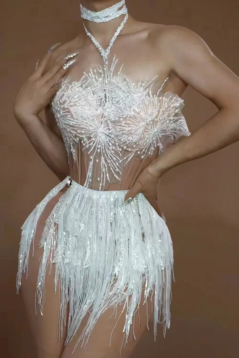 STOCK Women Sexy Off the Shoulder Shinning Sequins Tassels Bodycon Mini Dress 2 Pieces Celebrate Nightclub Performance Costume - Image 5
