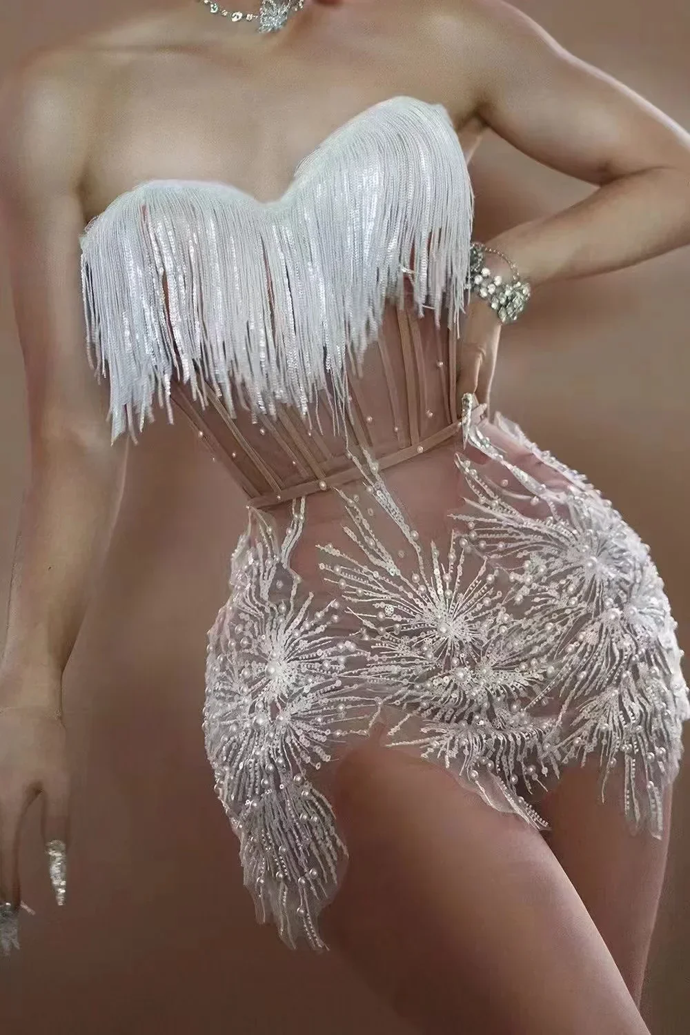 STOCK Women Sexy Off the Shoulder Shinning Sequins Tassels Bodycon Mini Dress 2 Pieces Celebrate Nightclub Performance Costume - Image 6