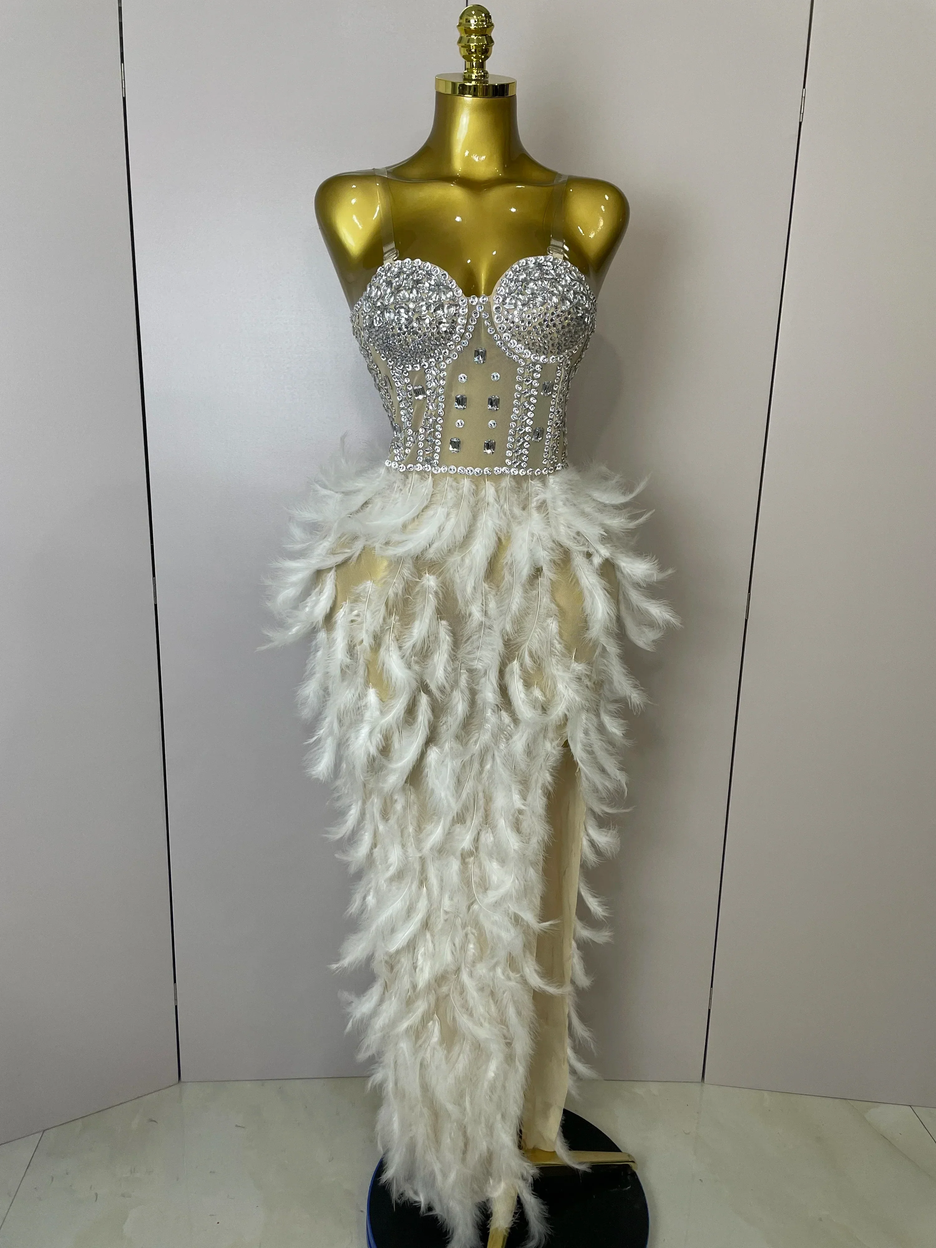 Women Sexy Sparkly Rhinestone Mesh Feather Long Dress Elegant Evening Party Celebrate Birthday Performance Costume
