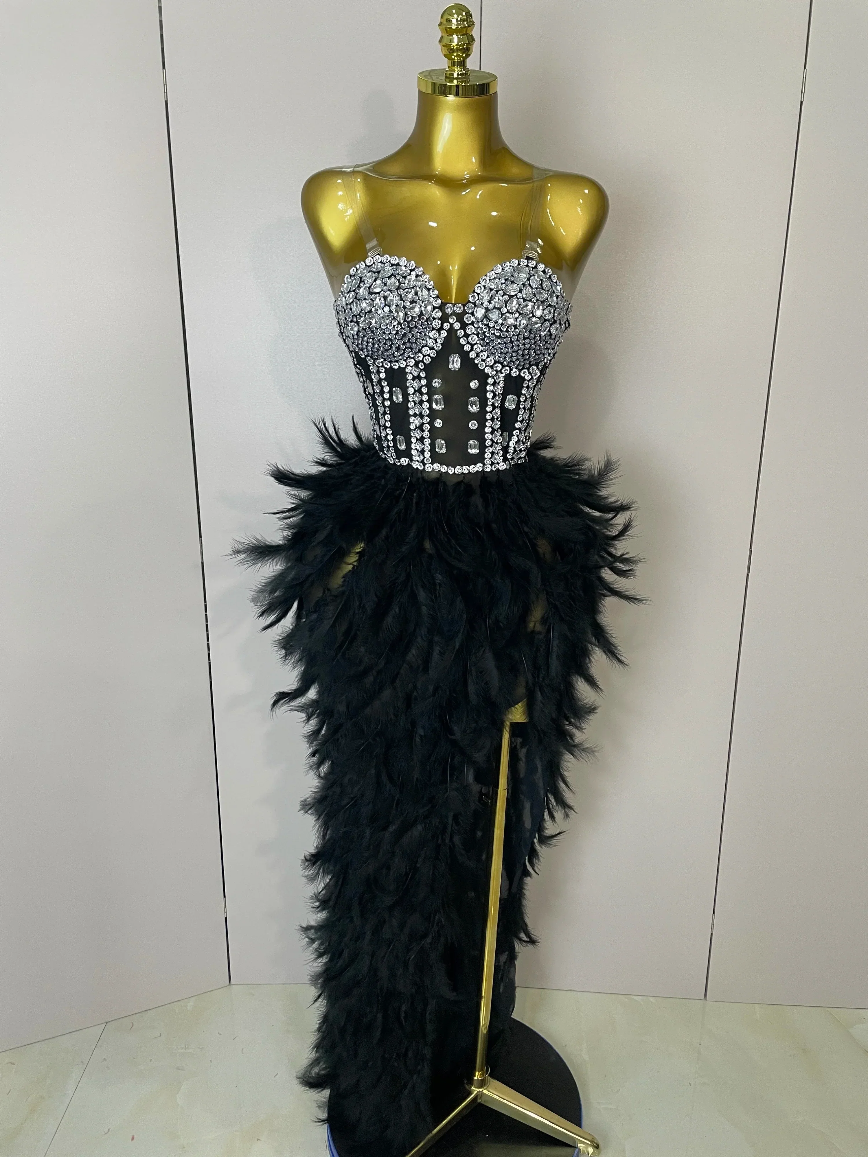 Women Sexy Sparkly Rhinestone Mesh Feather Long Dress Elegant Evening Party Celebrate Birthday Performance Costume - Image 5