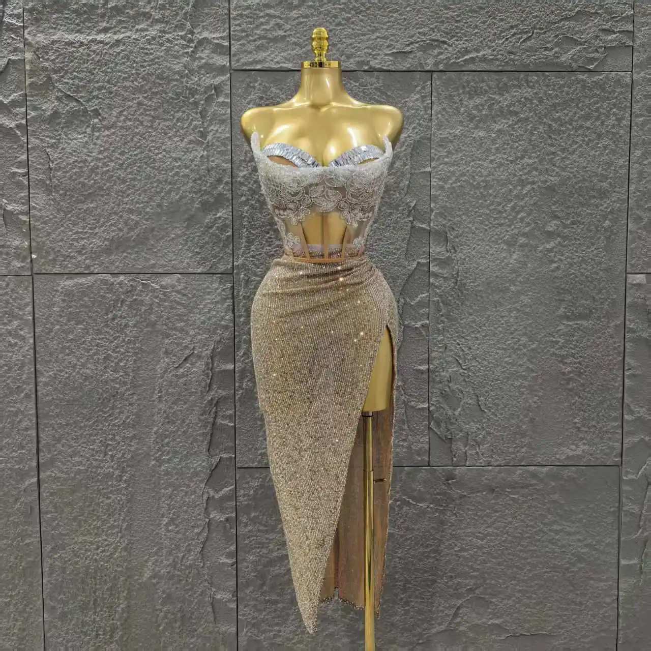 Women Sexy Strapless Shinning Crystal 2 Pieces Bodycon Mid-calf Dress Celebrate Bar Singer Performance Stage Wear