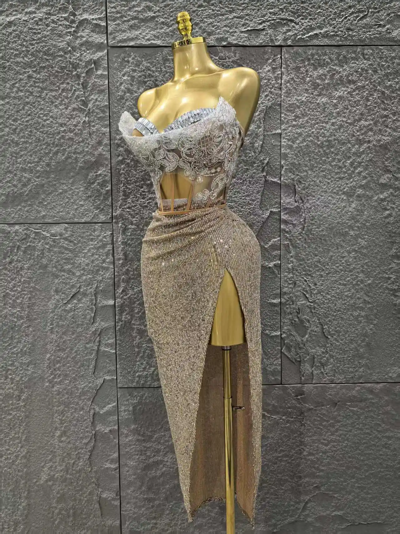 Women Sexy Strapless Shinning Crystal 2 Pieces Bodycon Mid-calf Dress Celebrate Bar Singer Performance Stage Wear - Image 2