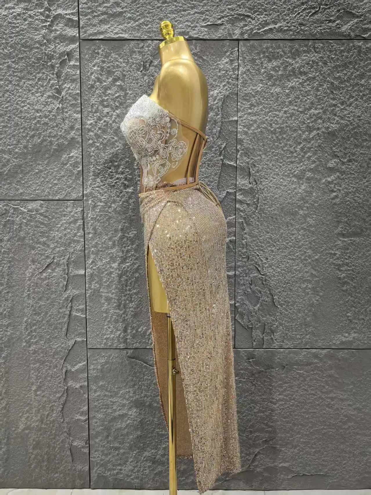 Women Sexy Strapless Shinning Crystal 2 Pieces Bodycon Mid-calf Dress Celebrate Bar Singer Performance Stage Wear - Image 3
