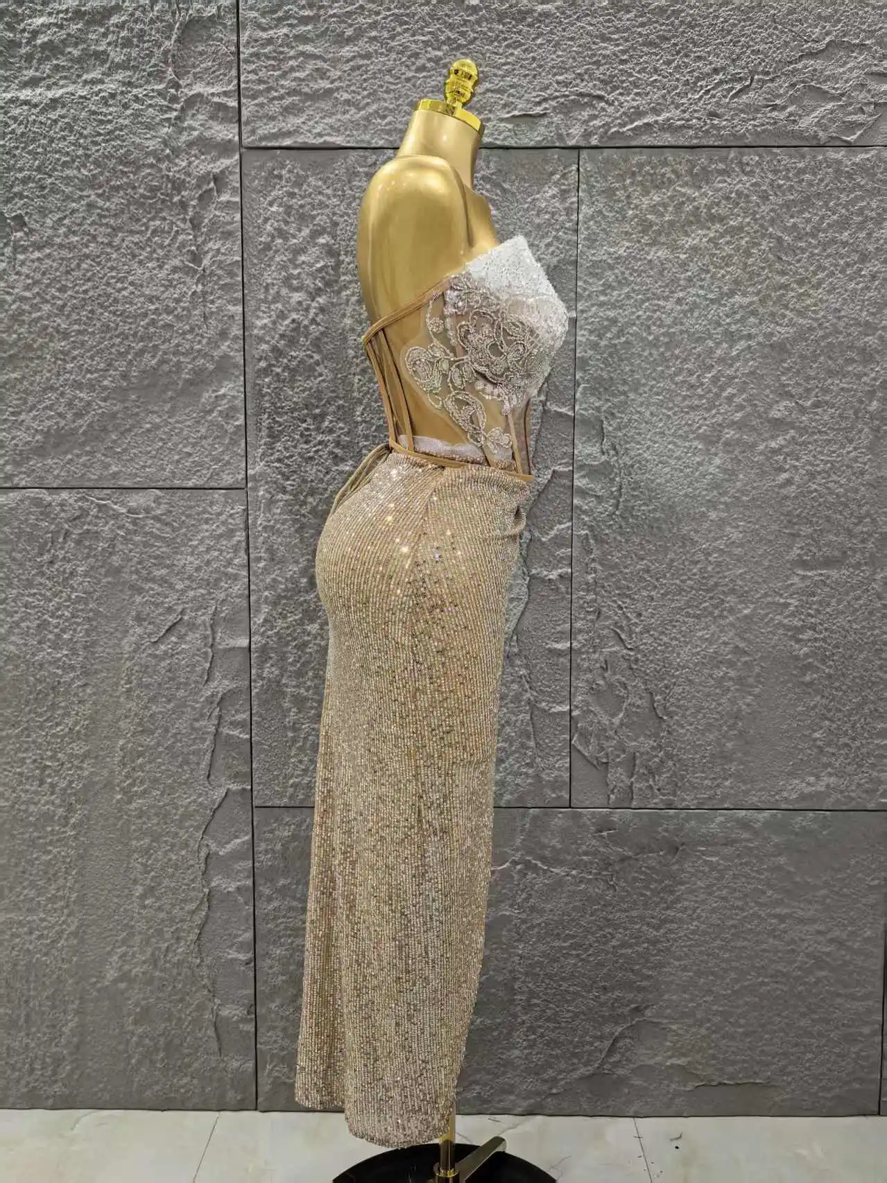 Women Sexy Strapless Shinning Crystal 2 Pieces Bodycon Mid-calf Dress Celebrate Bar Singer Performance Stage Wear - Image 4