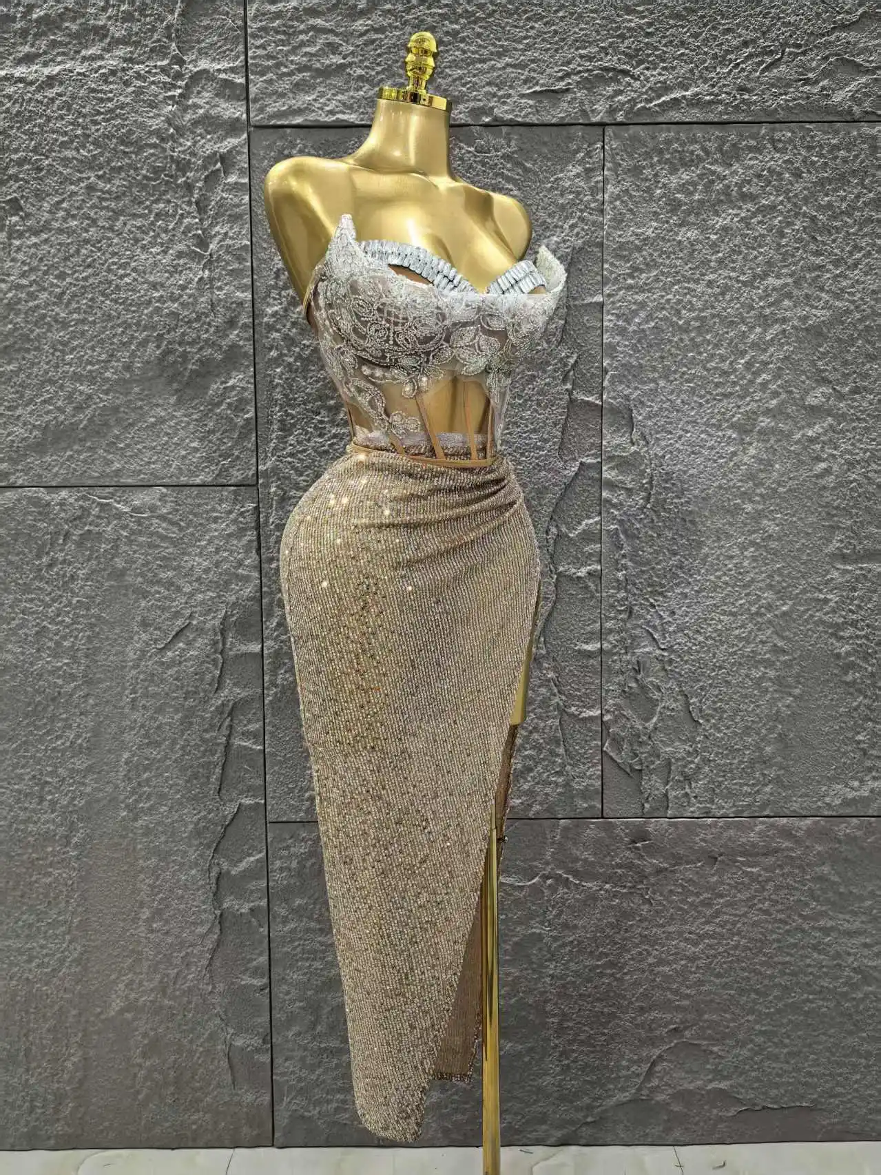 Women Sexy Strapless Shinning Crystal 2 Pieces Bodycon Mid-calf Dress Celebrate Bar Singer Performance Stage Wear - Image 5