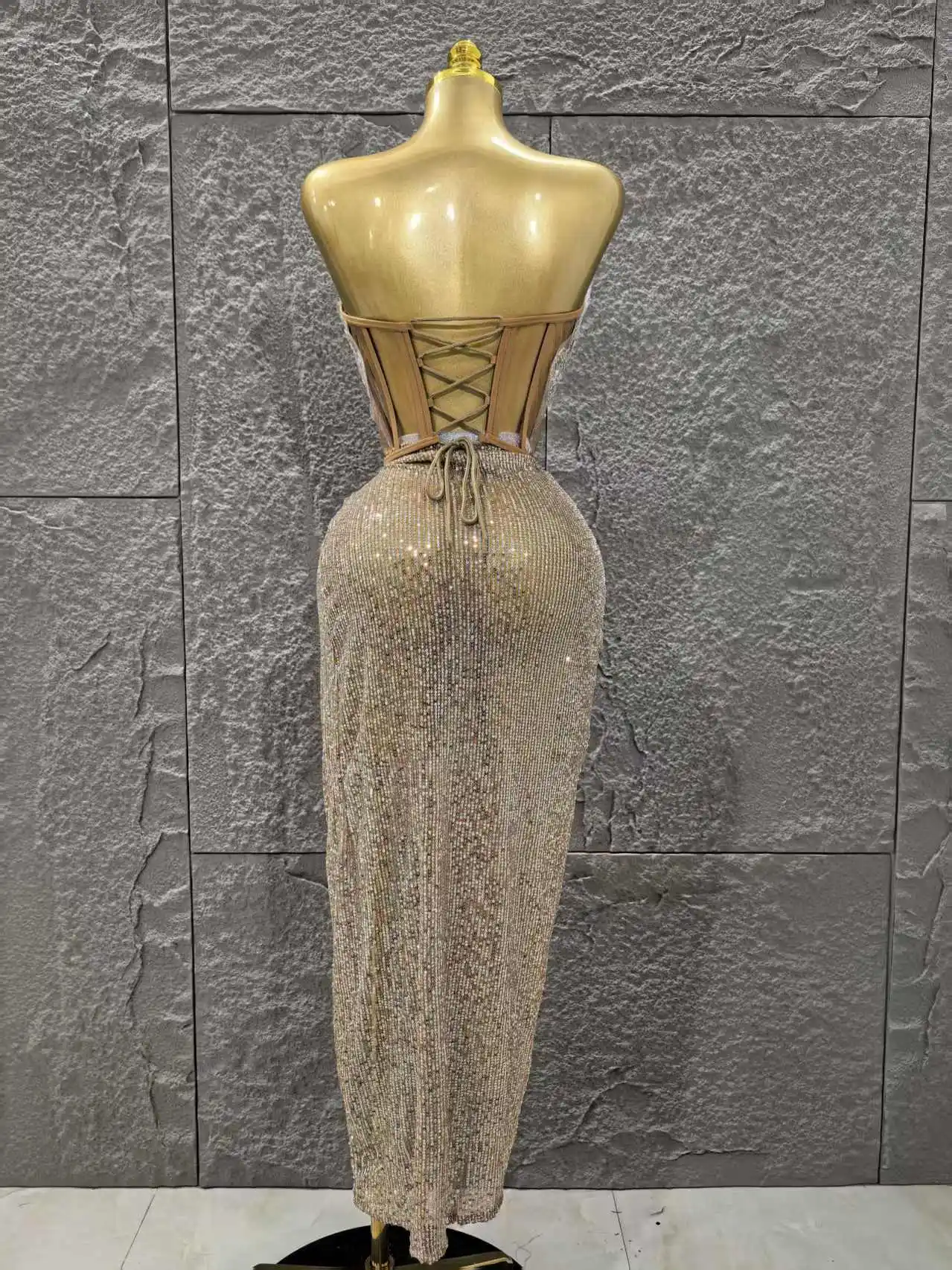 Women Sexy Strapless Shinning Crystal 2 Pieces Bodycon Mid-calf Dress Celebrate Bar Singer Performance Stage Wear - Image 6