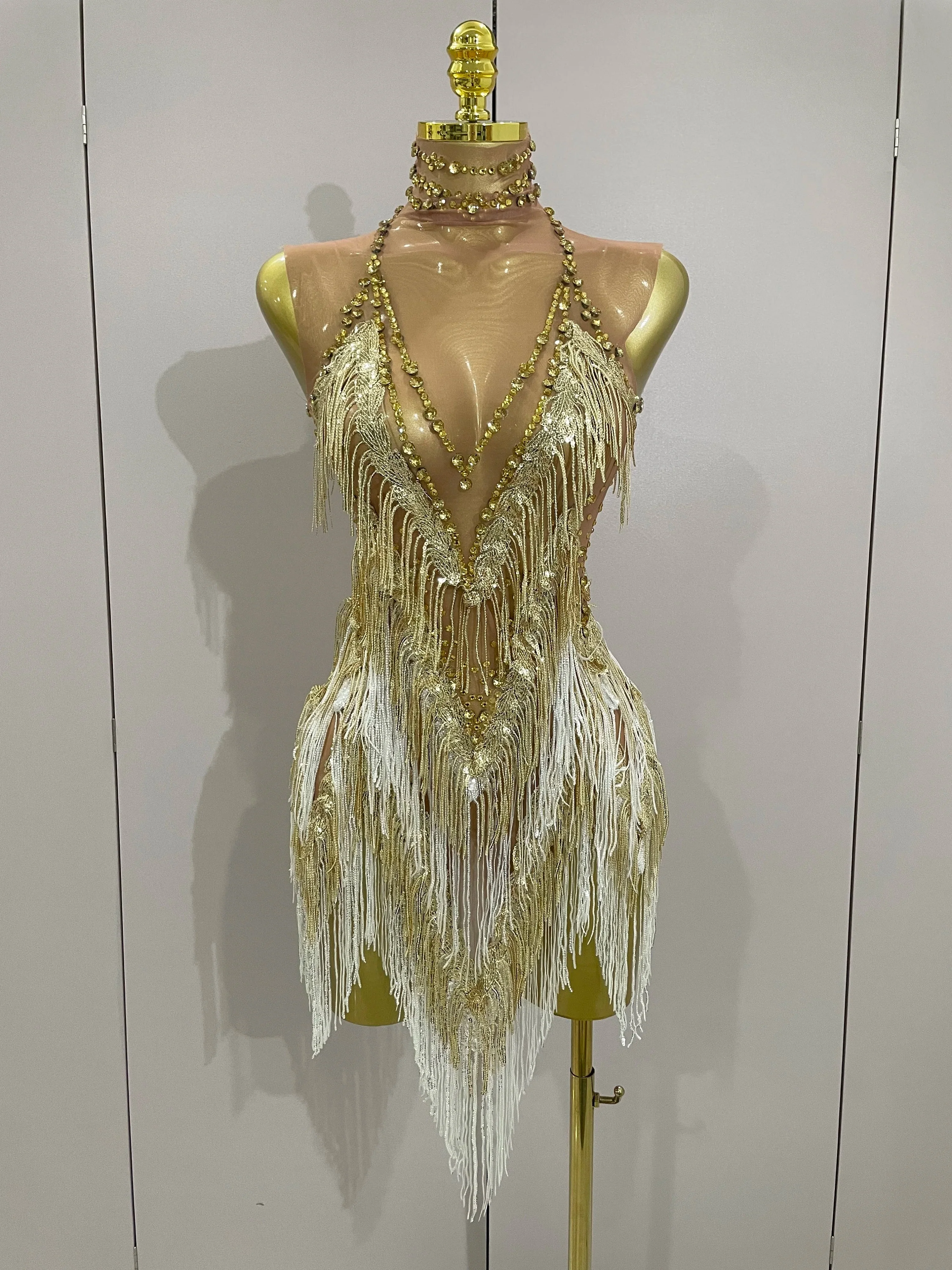 Women Sexy Stretch Mesh Sparkly Rhinestone Tassels Mini Dress Nightclub Singer Dance Stage Costume Evening Gowns